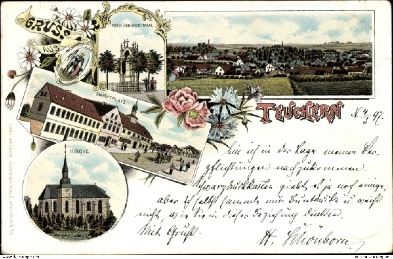 Lithographie Teuchern im Burgenlandkreis, Marktplatz, Kriegerdenkmal, Kirche, Totalansicht