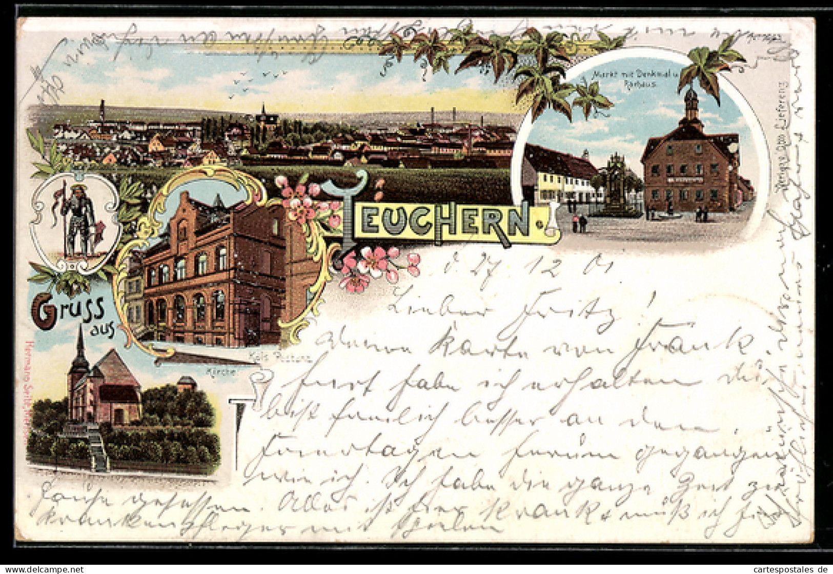 Lithographie Teuchern, Markt mit Denkmal und Rathaus, Kais. Postamt