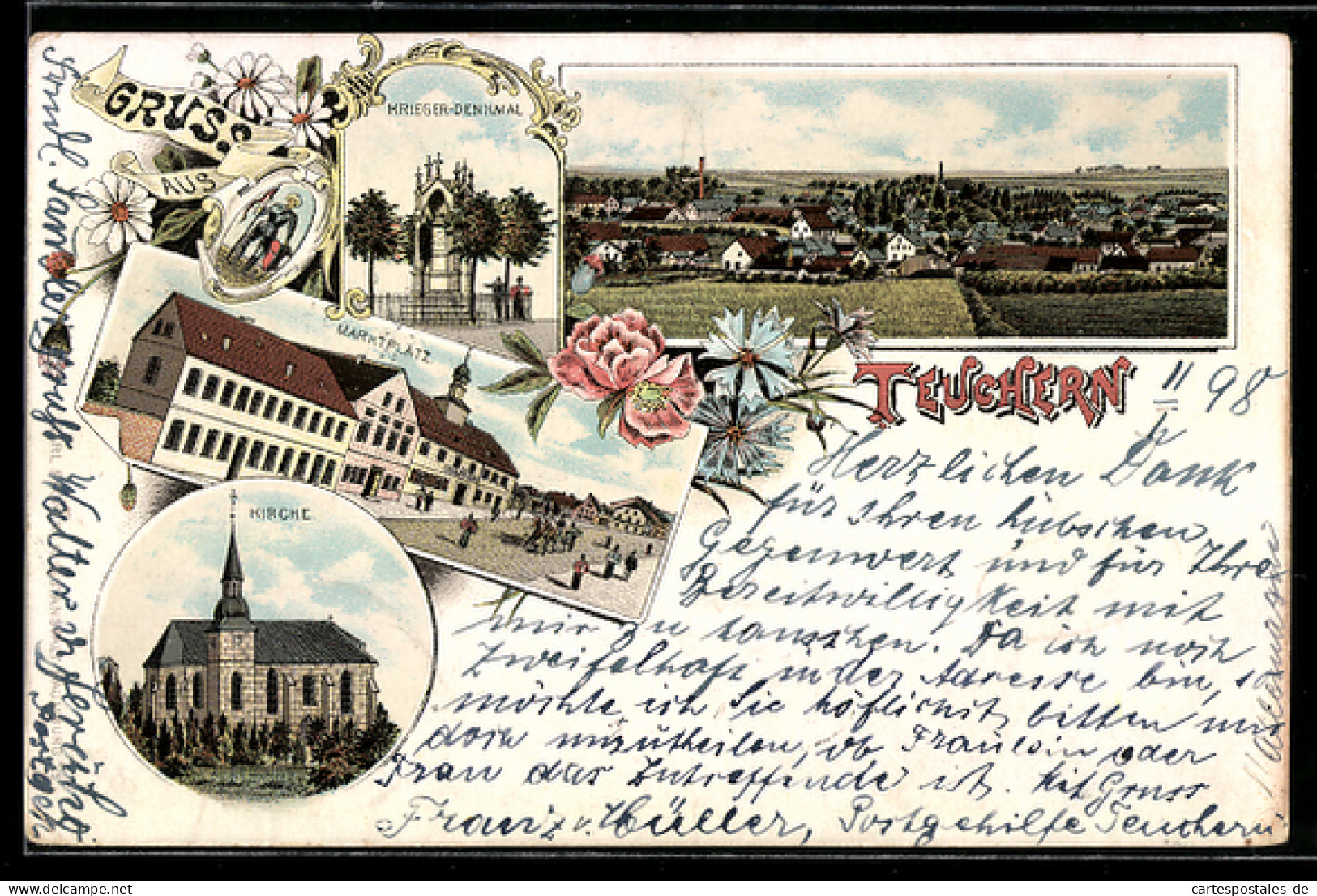 Lithographie Teuchern, Marktplatz, Krieger-Denkmal, Kirche, Totalansicht des Ortes