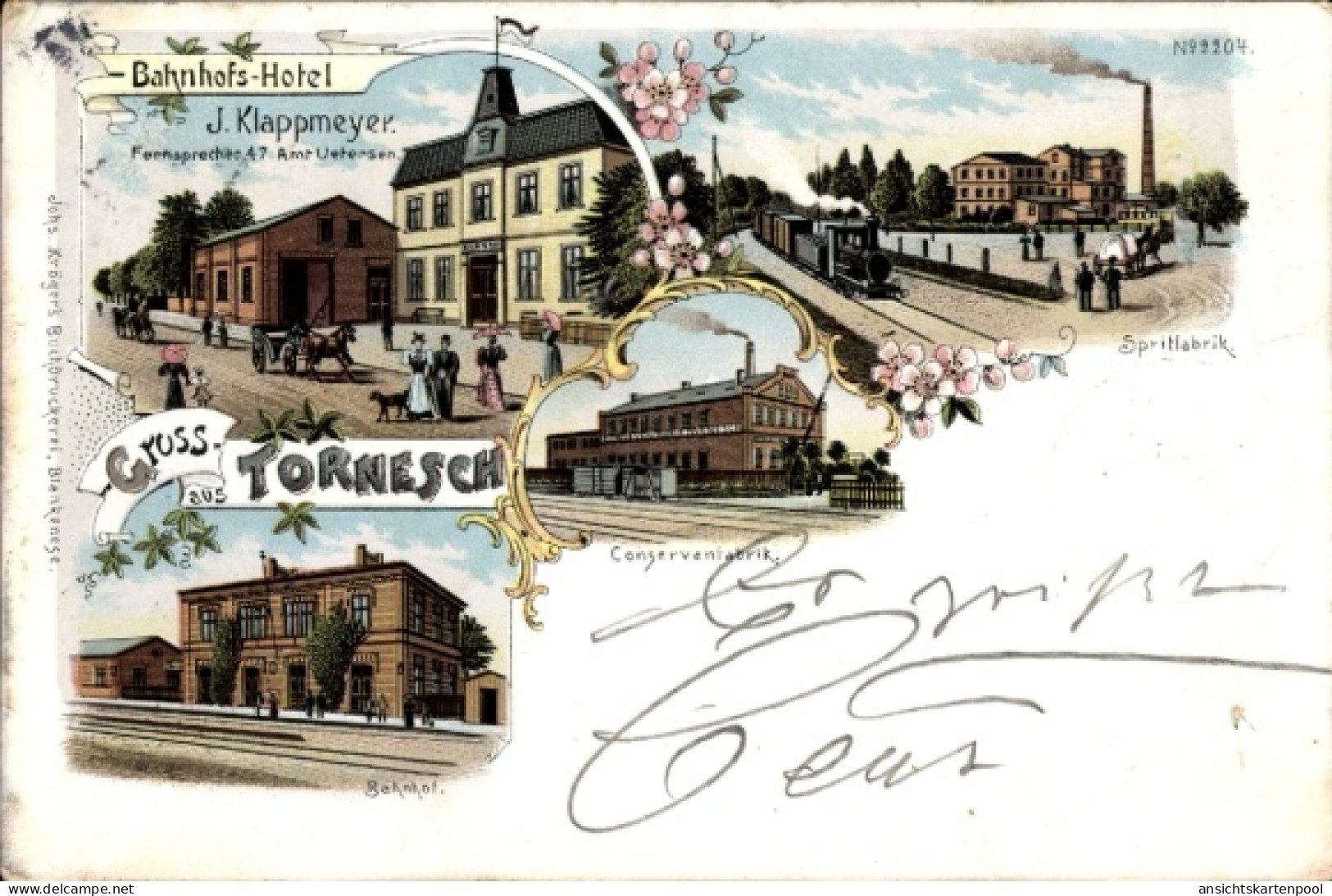 Lithographie Tornesch in Schleswig Holstein, Bahnhofshotel, Spritfabrik, Konservenfabrik