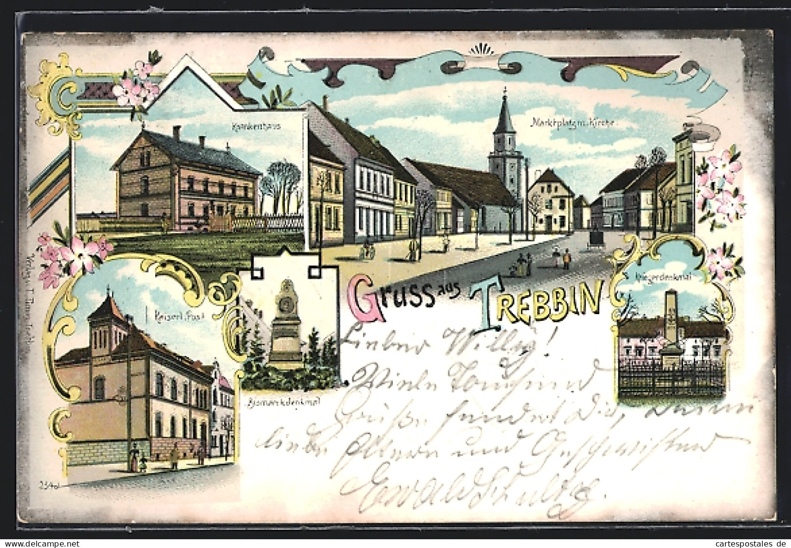 Lithographie Trebbin, Krankenhaus, Marktplatz mit Kirche, Kriegerdenkmal, Kaiserl. Post