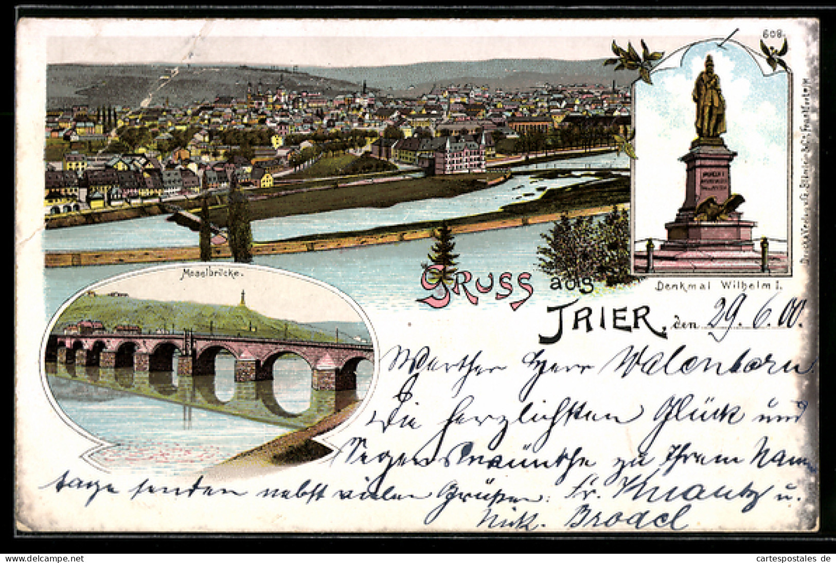 Lithographie Trier, Ortsansicht, Moselbrücke, Denkmal Wilhelm I.