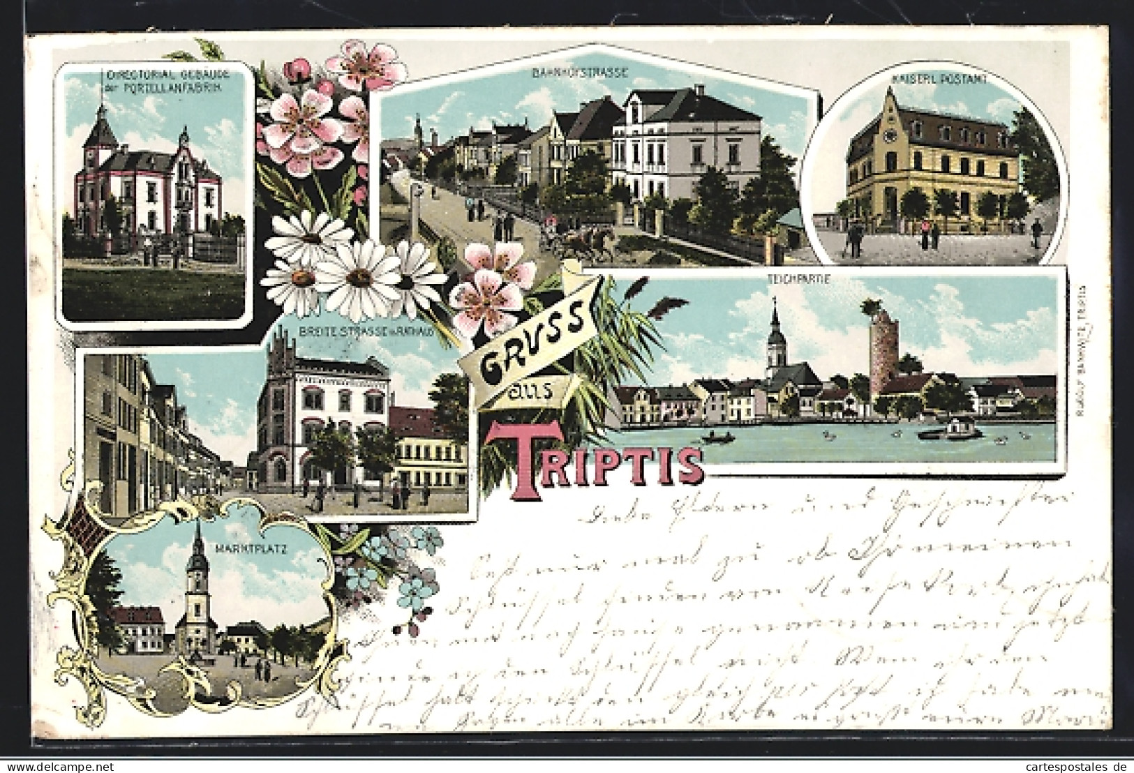 Lithographie Triptis, Bahnhofstrasse, Kaiserl. Postamt, Marktplatz