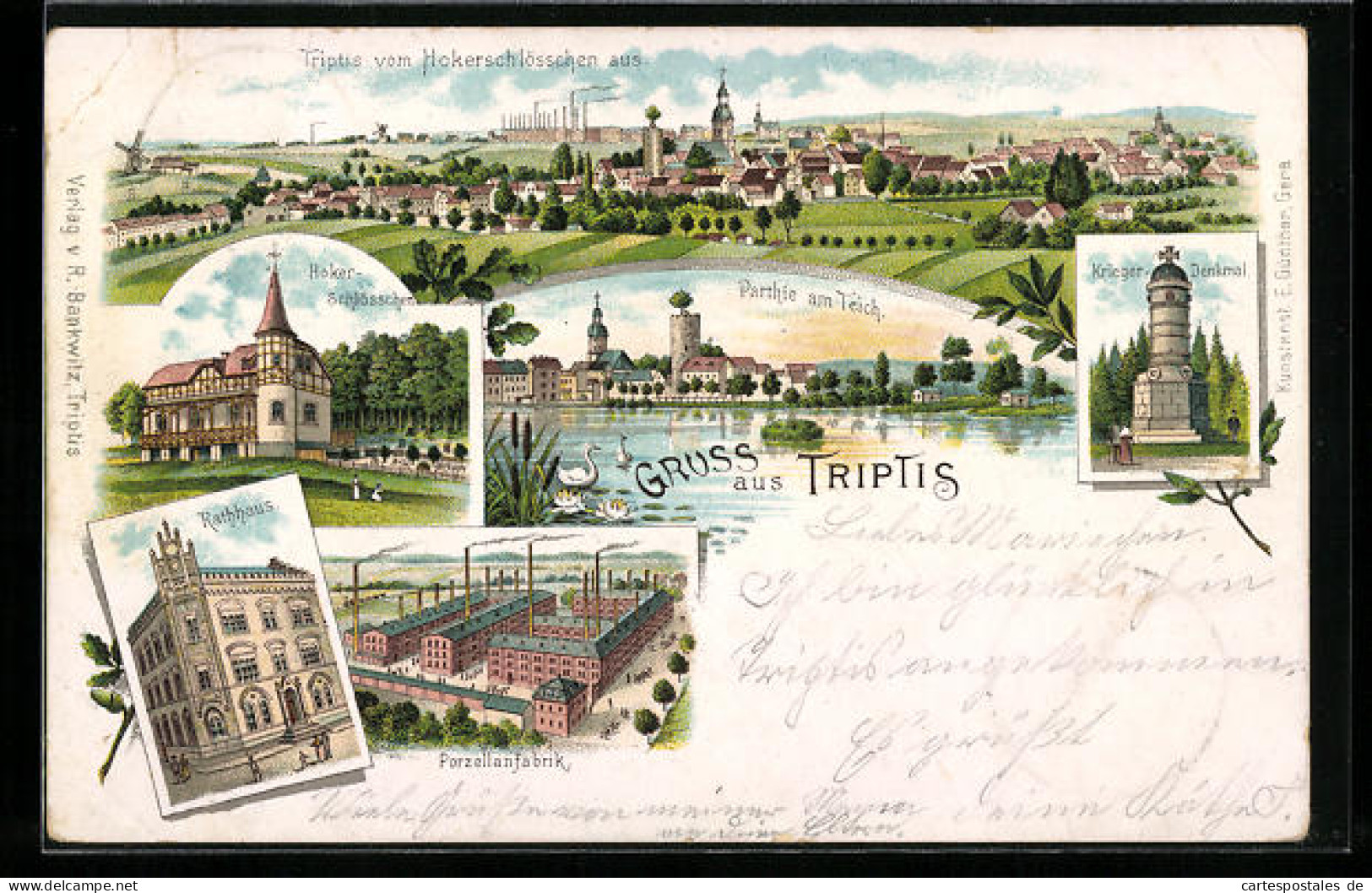 Lithographie Triptis, Porzellanfabrik, Hokerschlösschen, Rathaus