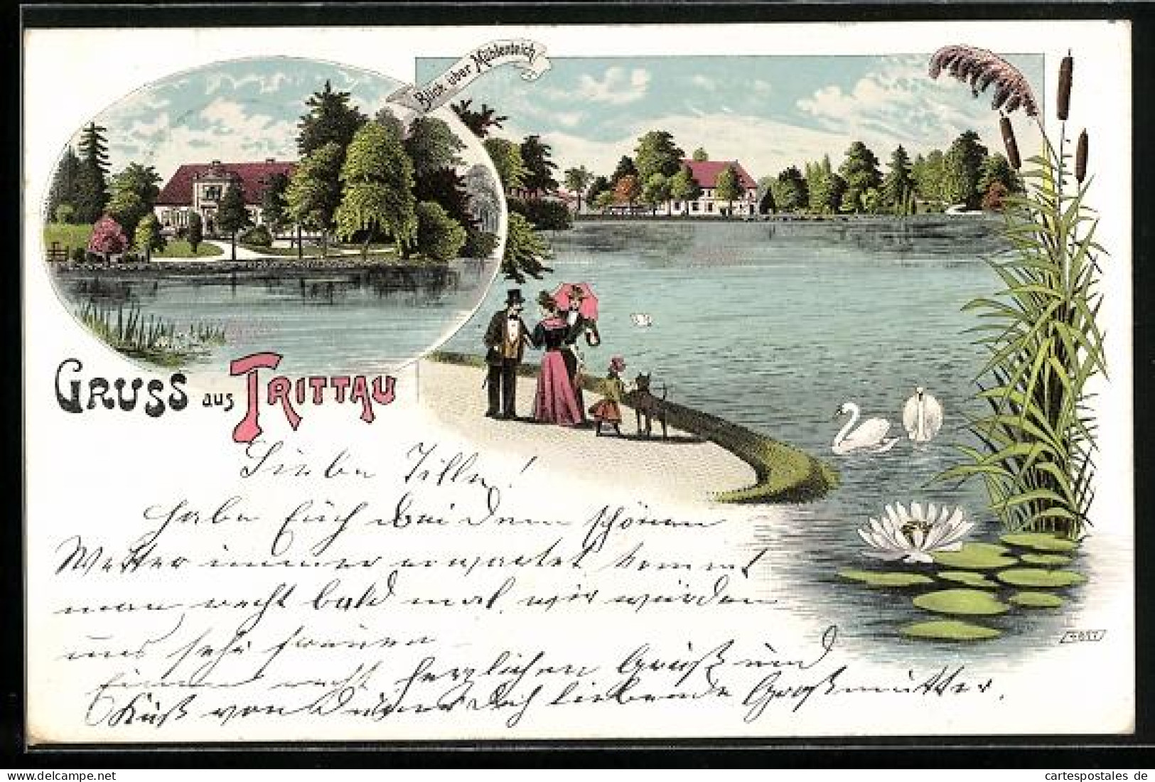 Lithographie Trittau, Blick über Mühlenteich, Ortsansicht