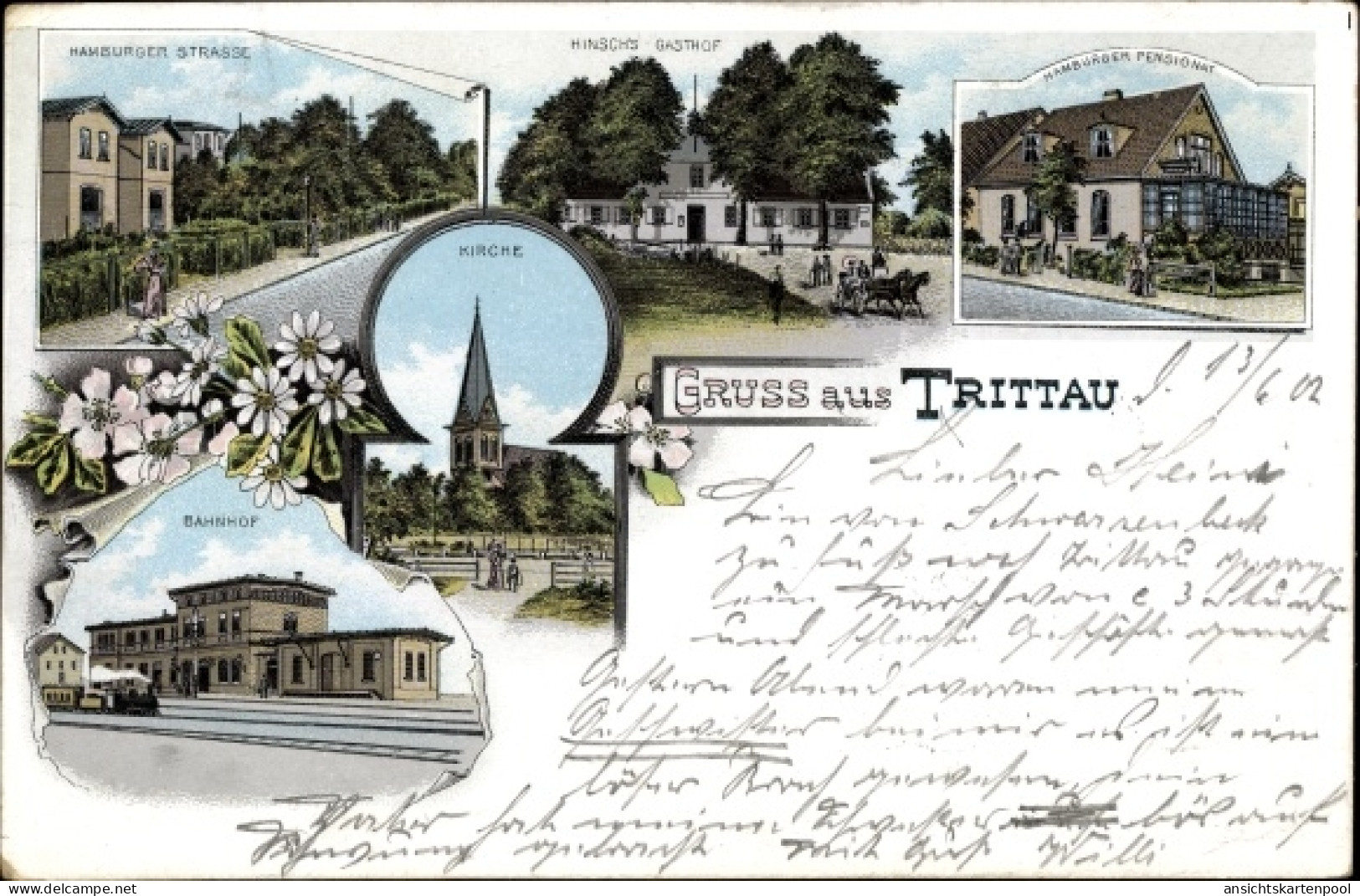 Lithographie Trittau Kr. Stormarn, Hamburger Straße, Hinsch's Gasthof, Bahnhof, Gleisseite, Kirche