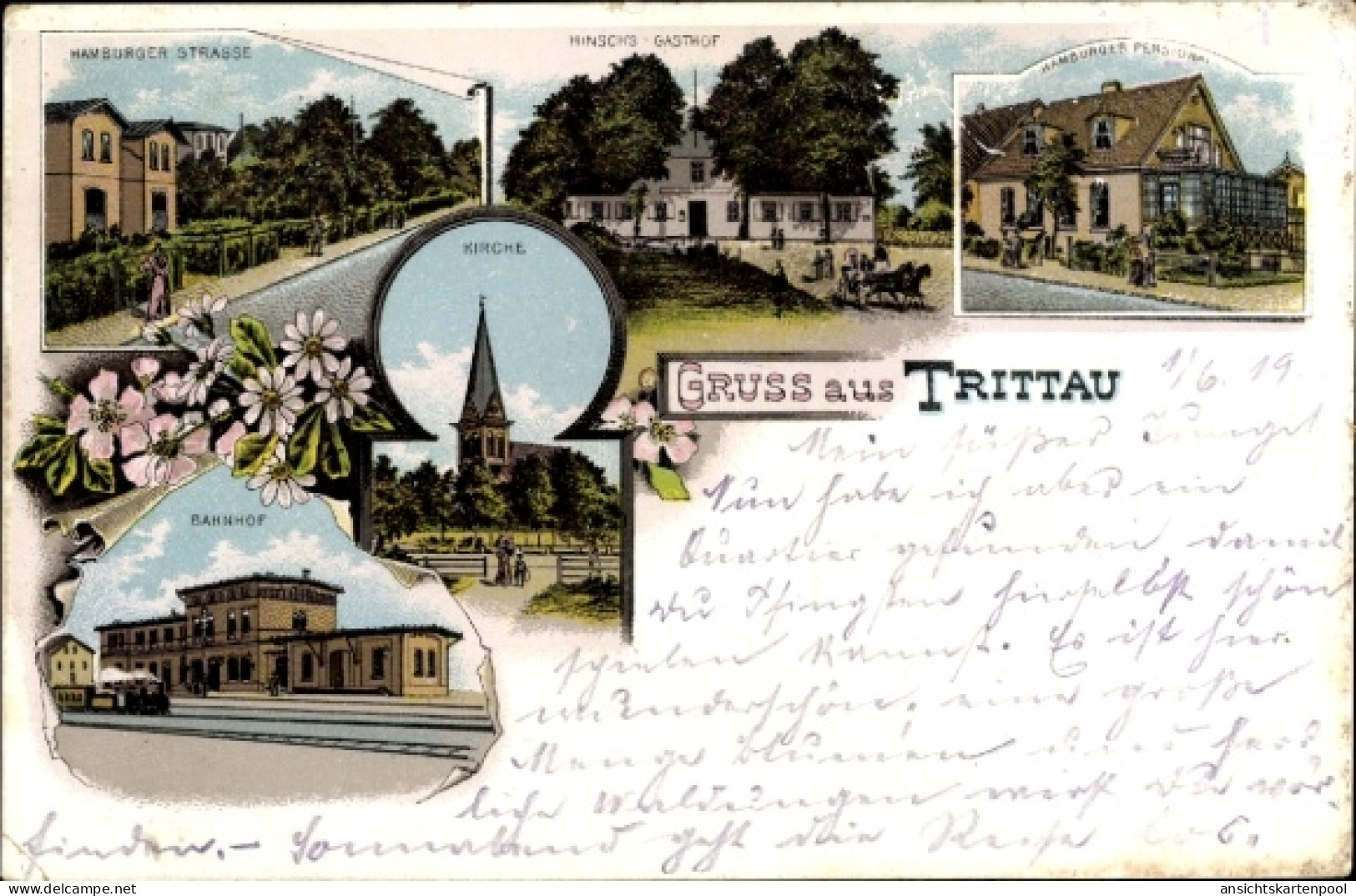 Lithographie Trittau Kr. Stormarn, Hamburger Straße, Hinsch's Gasthof, Bahnhof, Gleisseite, Kirche