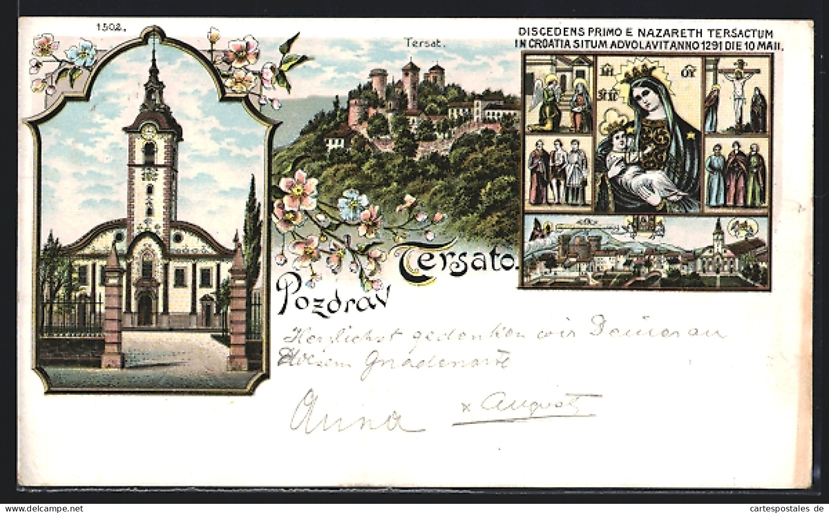 Lithographie Trsat, Kirche, Biblische Szenen mit Pieta, Ortsansicht