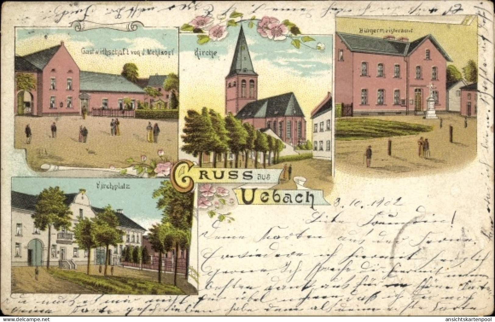 Lithographie Übach Palenberg Nordrhein Westfalen, Bürgermeisteramt, Kirche, Gastwirtschaft, Kirchplatz