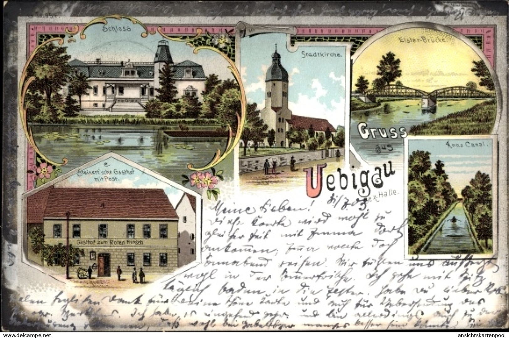 Lithographie Uebigau Wahrenbrück in Brandenburg, Kanal, Elsterbrücke, Stadtkirche, Schloss, Gasthaus