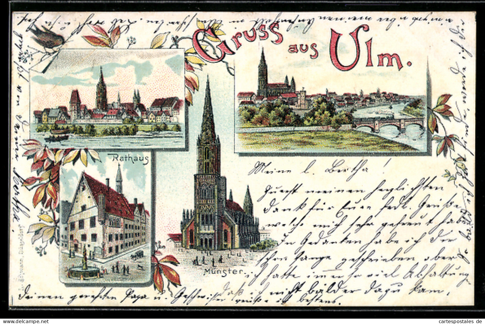 Lithographie Ulm, Teilansicht, Rathaus, Ortspartie