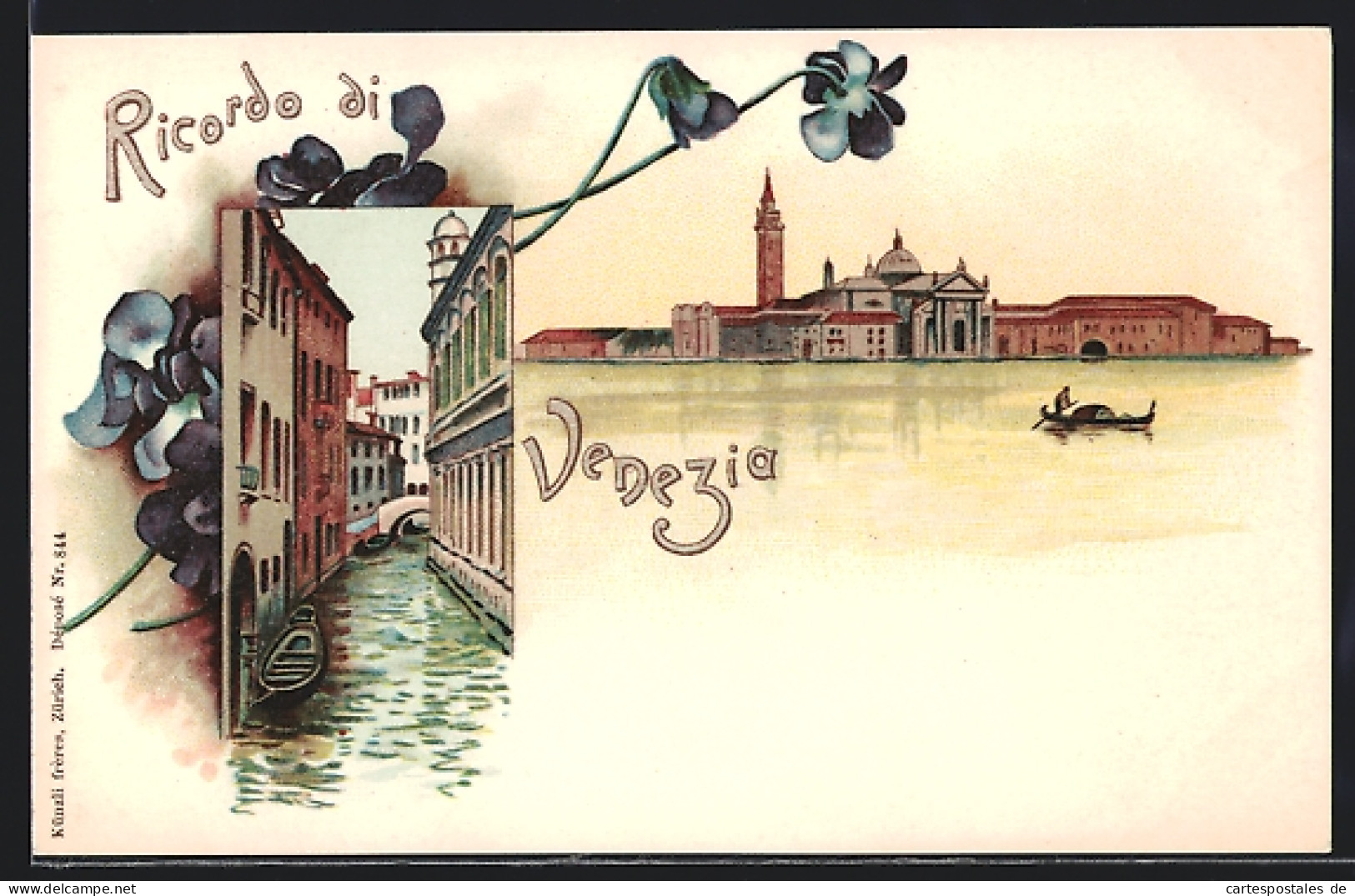 Lithographie Venezia, enger Kanal, Blick zum Markusturm