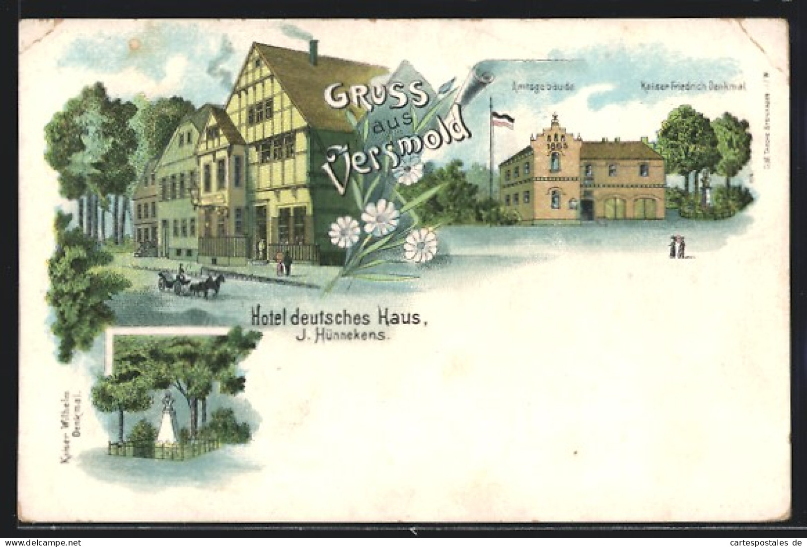 Lithographie Versmold, Hotel deutsches Haus, Amtsgebäude mit Kaiser Friedrich-Denkmal