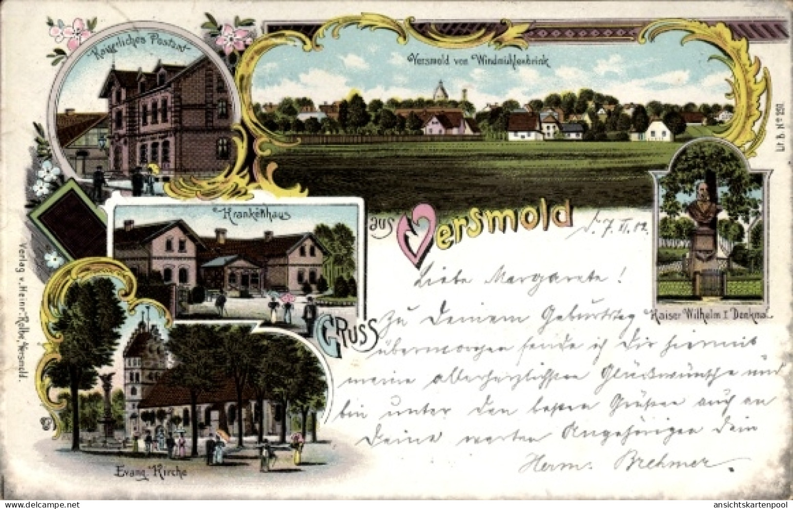 Lithographie Versmold in Westfalen, Krankenhaus, Post, Kaiser Wilhelm I. Denkmal