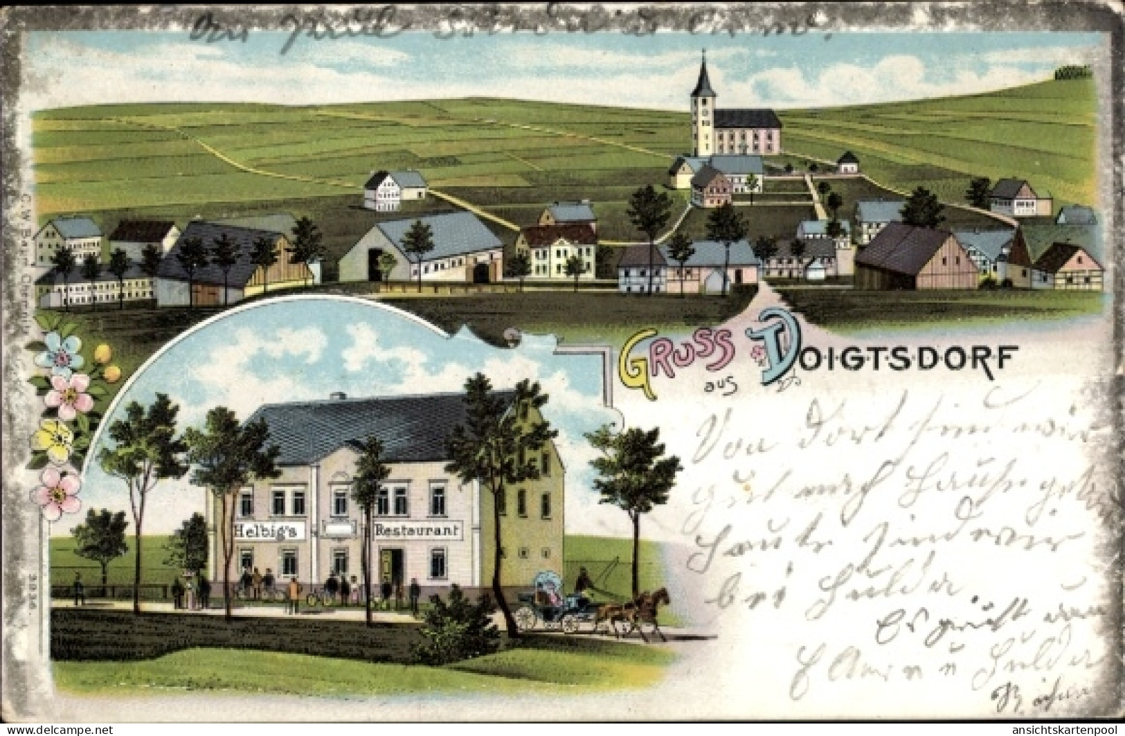 Lithographie Voigtsdorf Dorfchemnitz Sachsen, Helbigs Restaurant, Gesamtansicht des Ortes