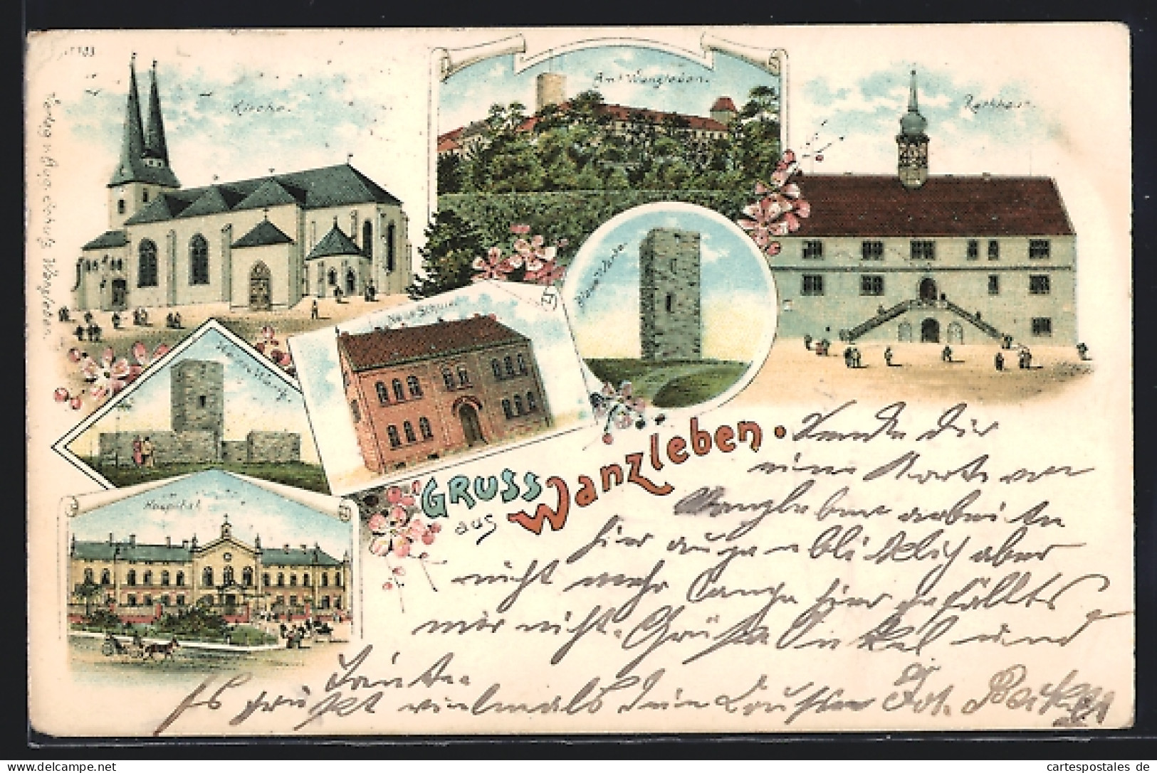 Lithographie Wanzleben, Kirche, Rathaus, Neue Schule, Blaue Warte