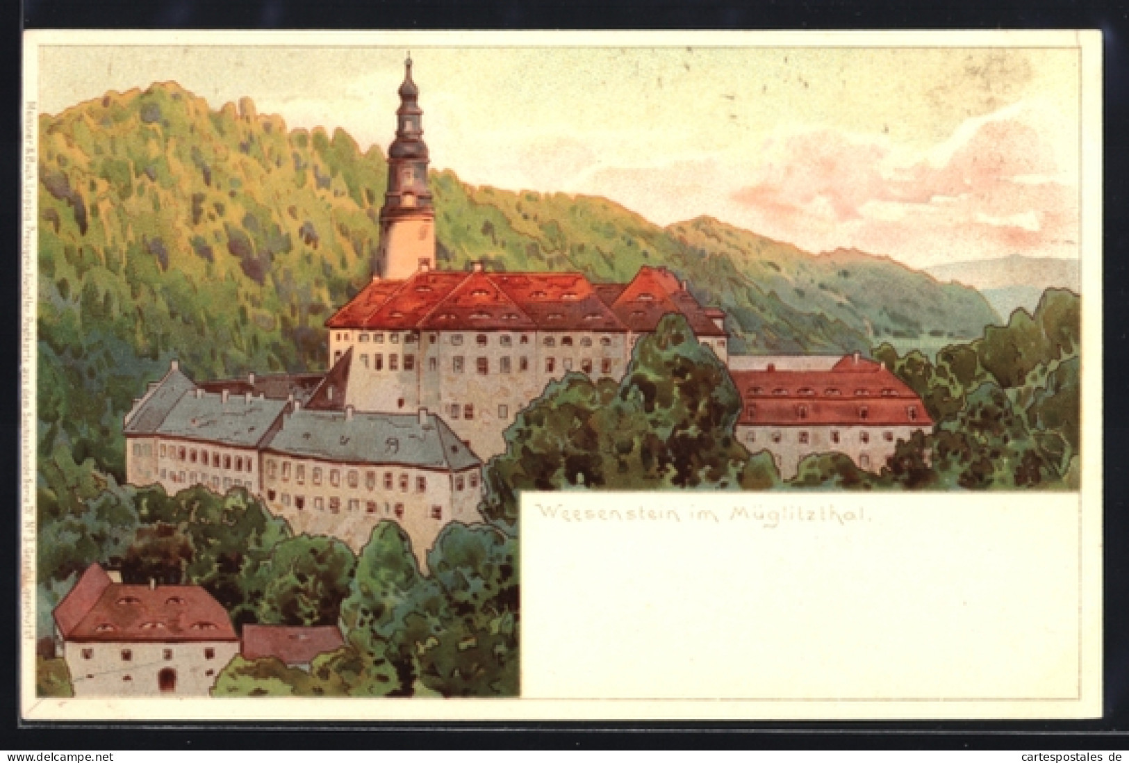 Lithographie Weesenstein /Muglitztal, Schloss Weesenstein