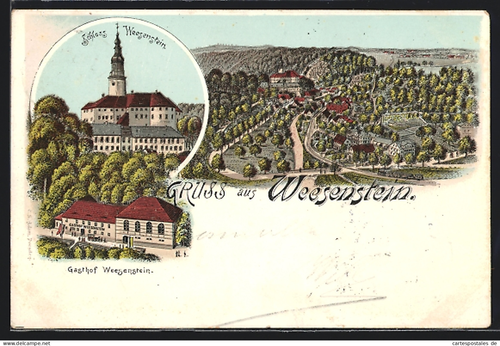 Lithographie Weesenstein, Schloss & Gasthof Weesenstein, Gesamtansicht