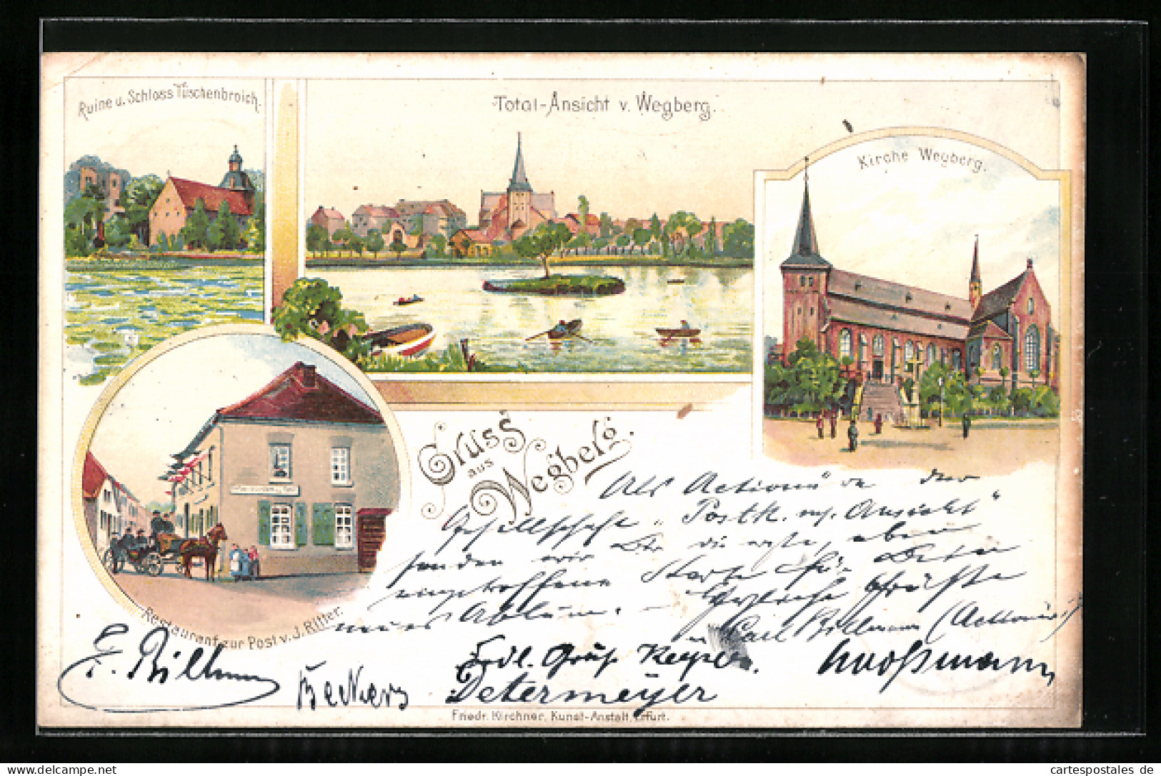 Lithographie Wegberg, Restaurant zur Post v. J. Ritter, Kirche, Ruine u. Schloss Tüschenbroich