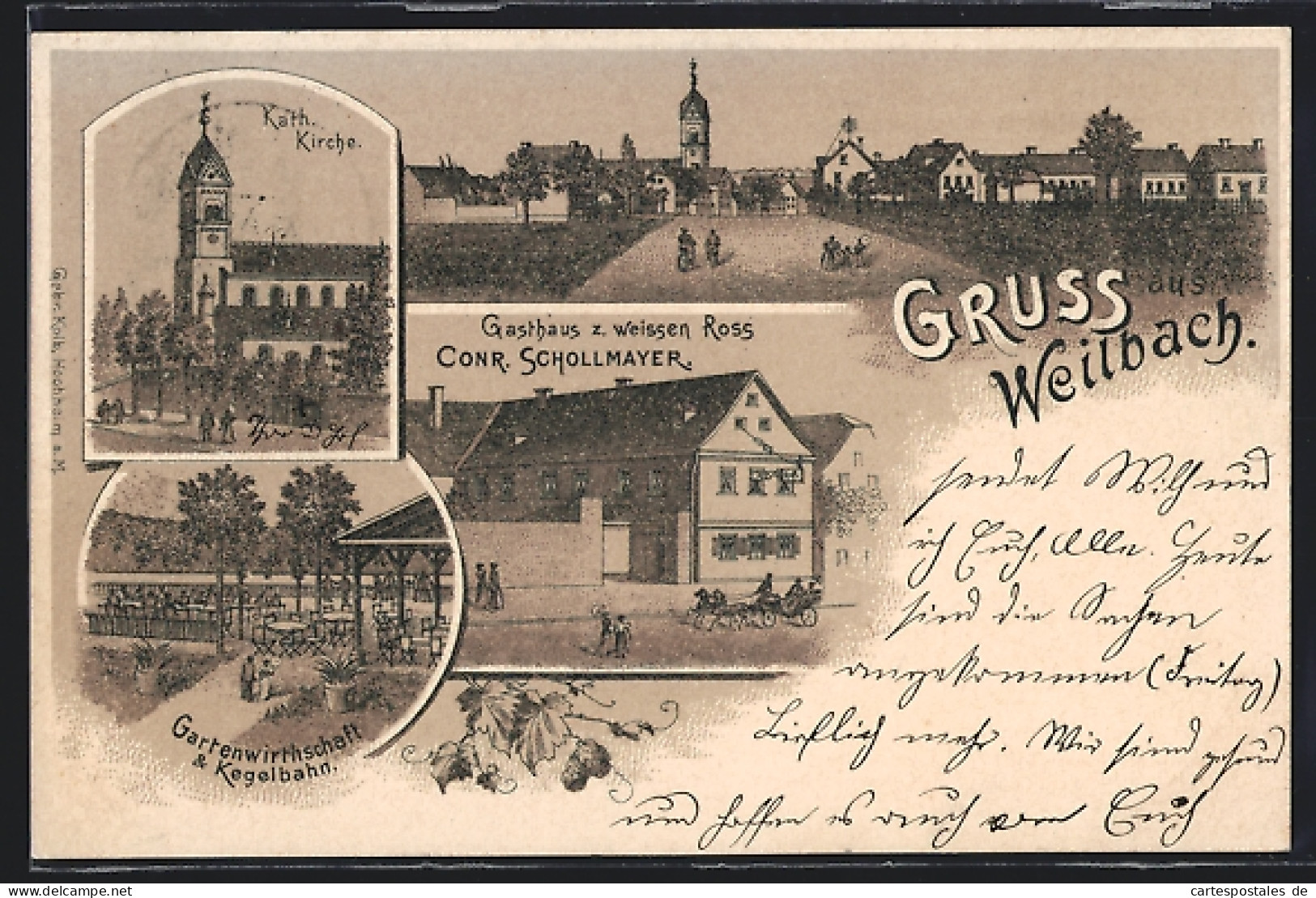 Lithographie Weilbach /Flörsheim, Kath. Kirche, Gasthaus z. weissen Ross, Gartenwirschaft und Kegelbahn