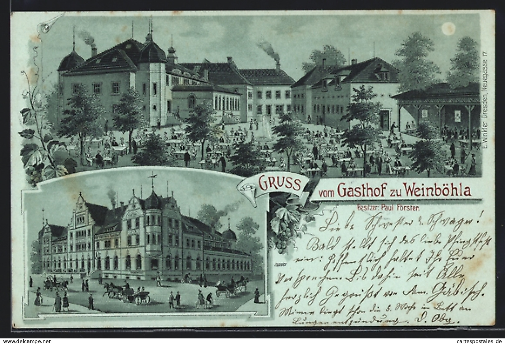 Lithographie Weinböhla, vor Försters Gasthof, Gäste im Schlosshof