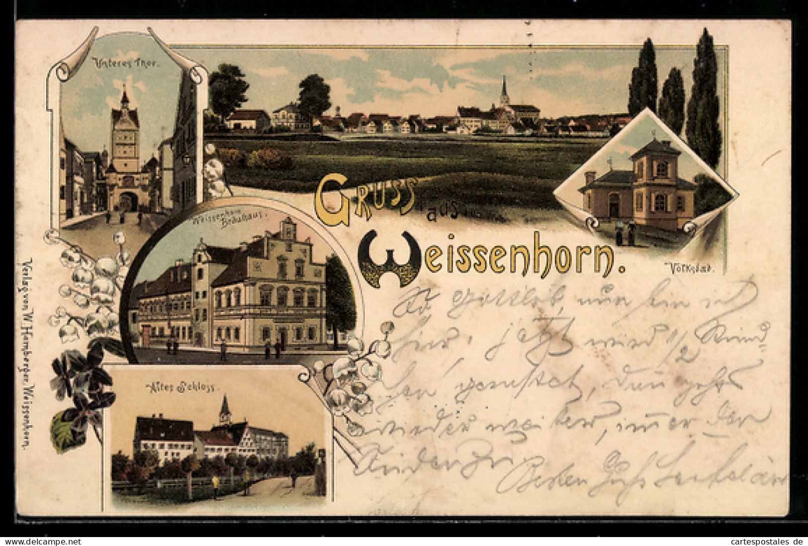 Lithographie Weissenhorn, Gasthof Weissenhorn-Bräuhaus, Altes Schloss, Unteres Thor