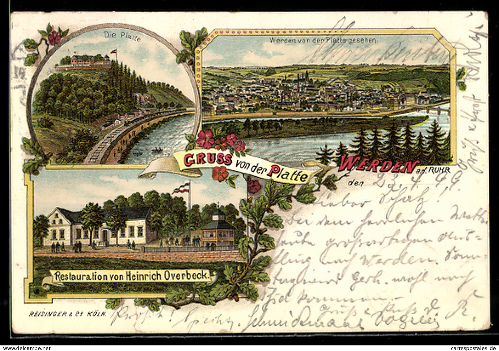 Lithographie Werden / Ruhr, Restaurant von Heinrich Overbeck, Die Platte, Ortsansicht von der Platte aus gesehen