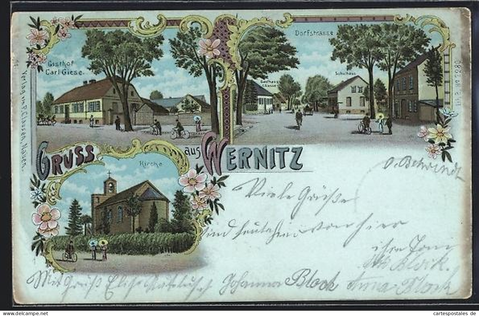 Lithographie Wernitz / Wustermark, Gasthof Carl Giese, Strassenpartie, Kirche