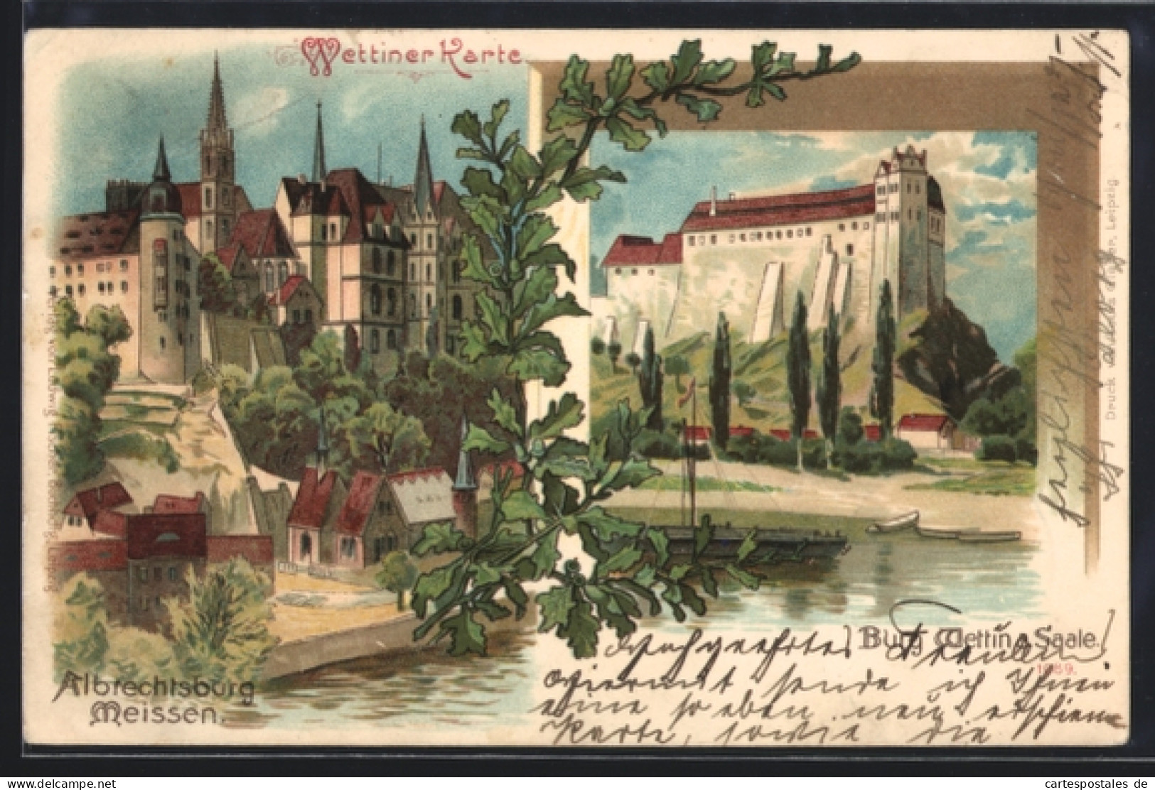 Lithographie Wettin, Partie an der Albrechtsburg