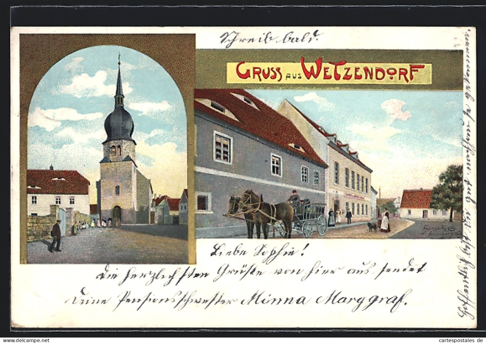 Lithographie Wetzendorf / Karsdorf, Strassenpartie mit Gasthof, Kirche