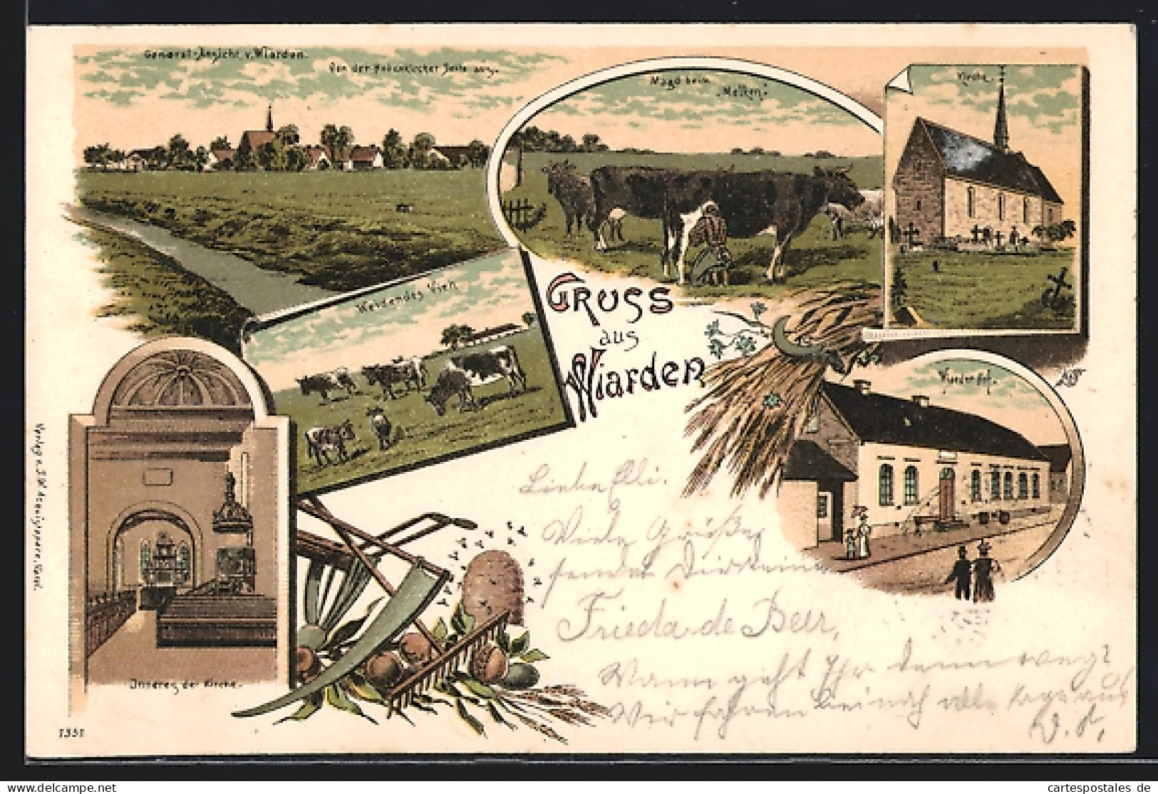 Lithographie Wiarden / Wangerland, Gasthaus Wiarder Hof, Kirche, Magd beim Melken