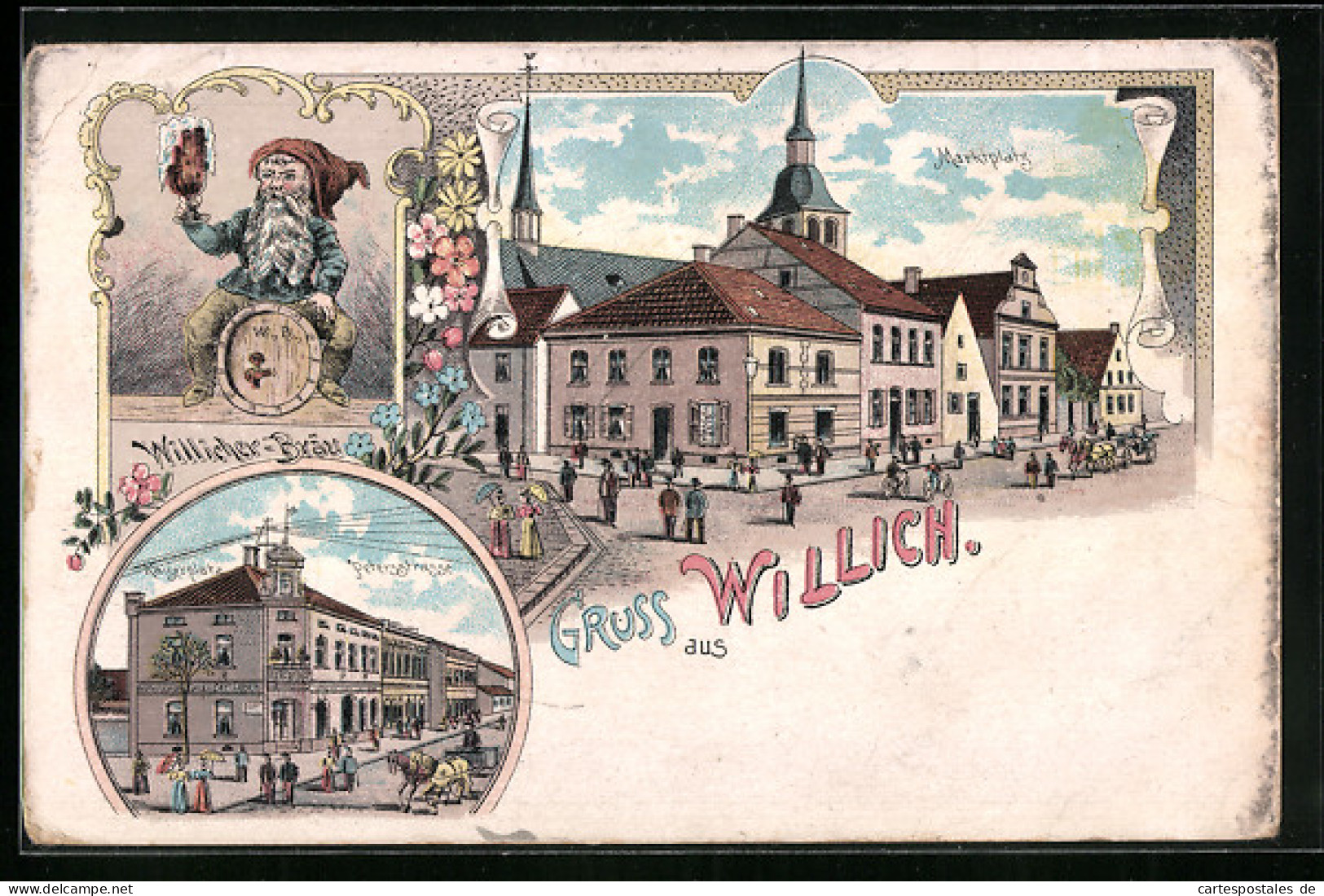 Lithographie Willich, Marktplatz, Kaiserplatz, Petersstrasse, Willicher-Bräu
