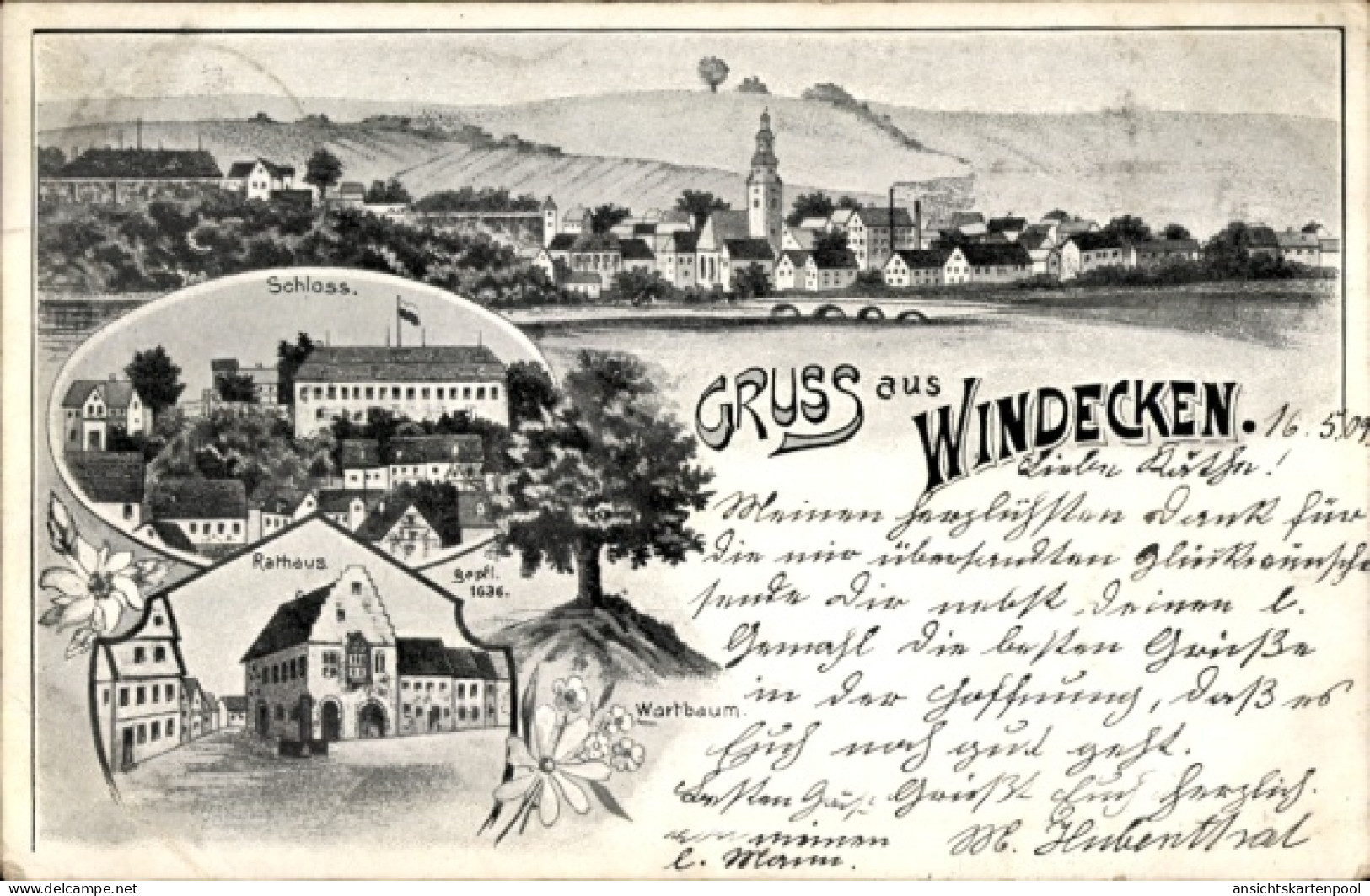 Lithographie Windecken Nidderau in Hessen, Gesamtansicht, Rathaus, Schloss, Wartbaum