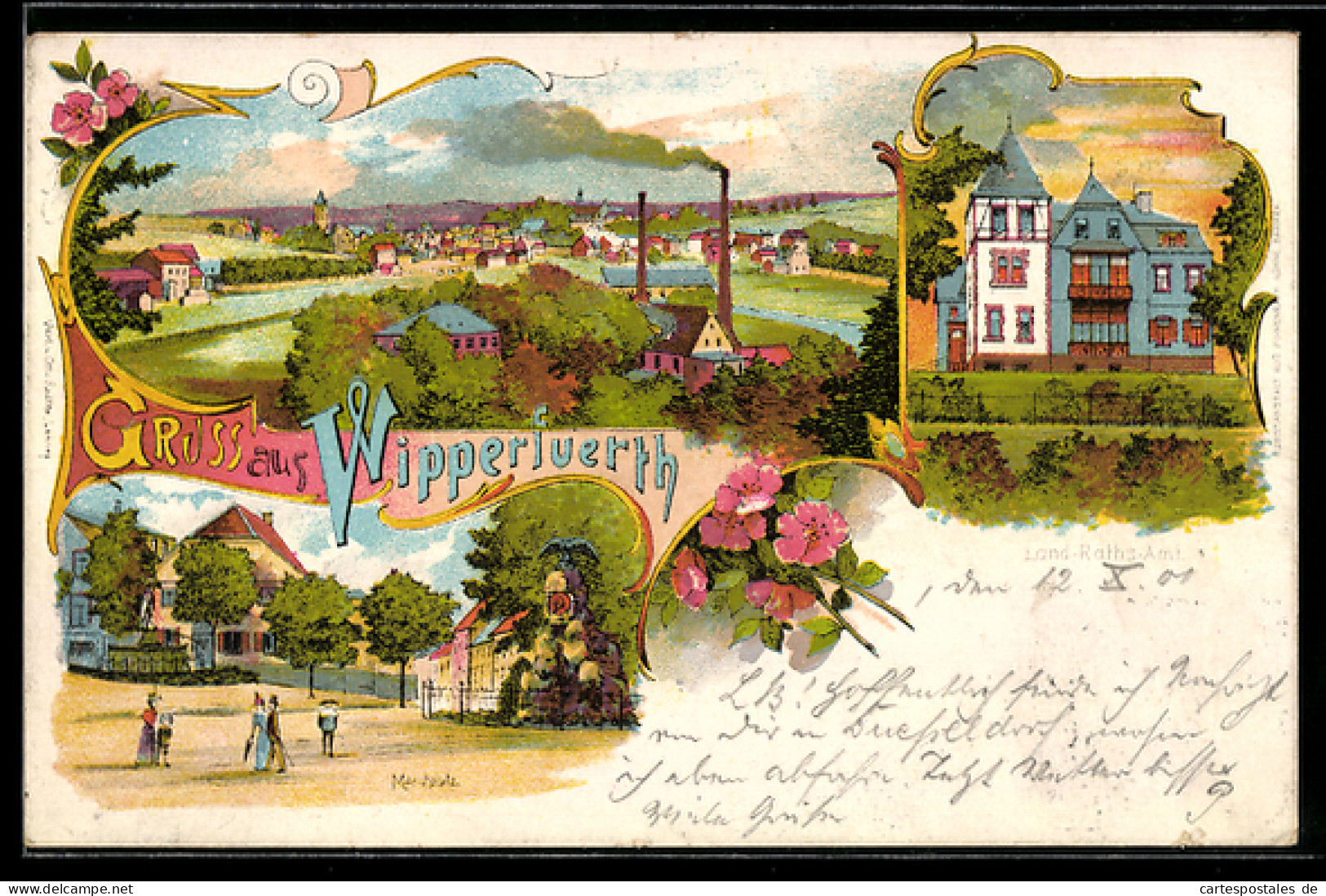 Lithographie Wipperfürth, Totalansicht mit Fabriken, Landrats-Amt und Partie am Marktplatz