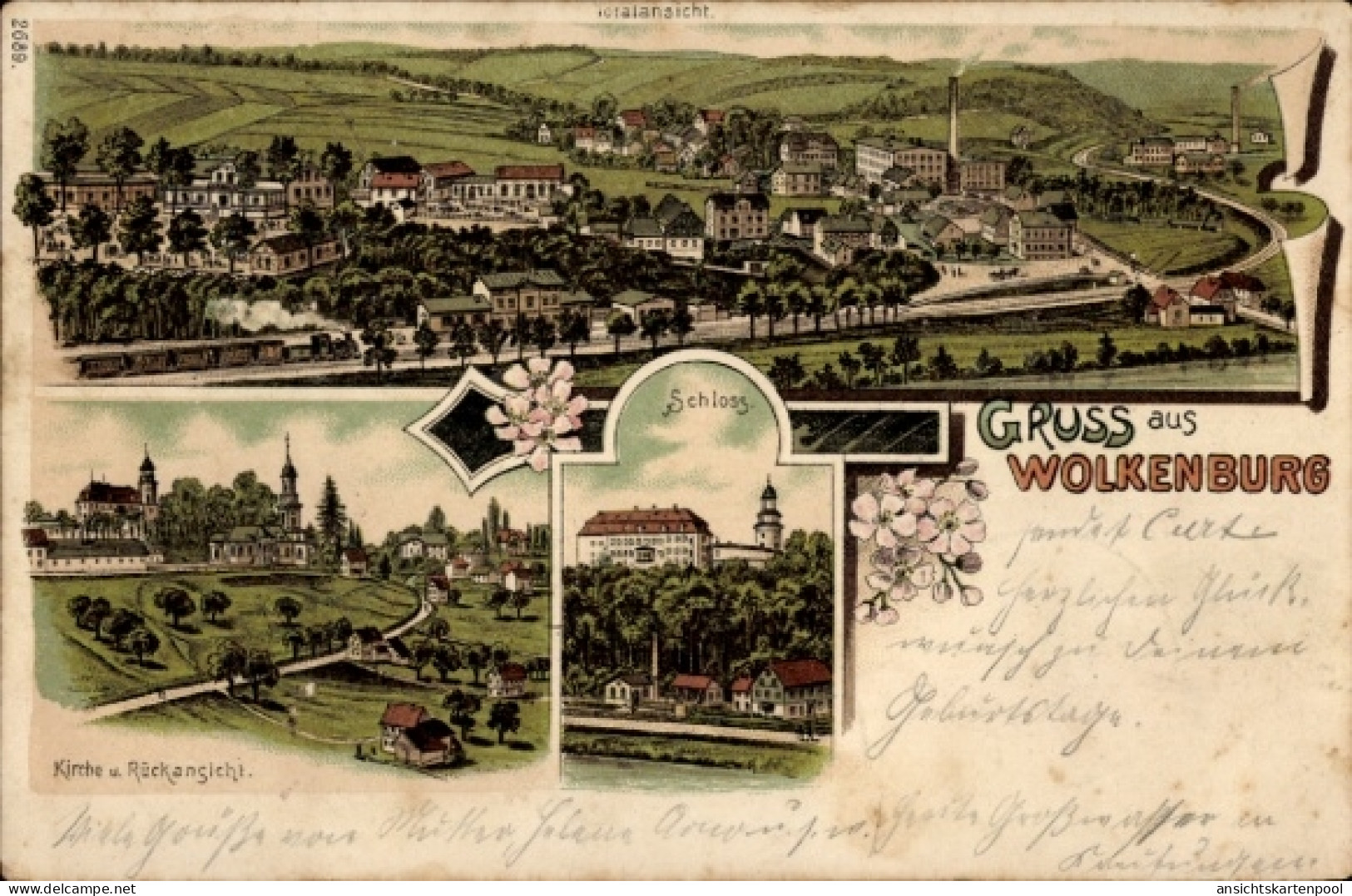 Lithographie Wolkenburg Kaufungen Limbach Oberfrohna Sachsen, Totalansicht, Schloss, Kirche