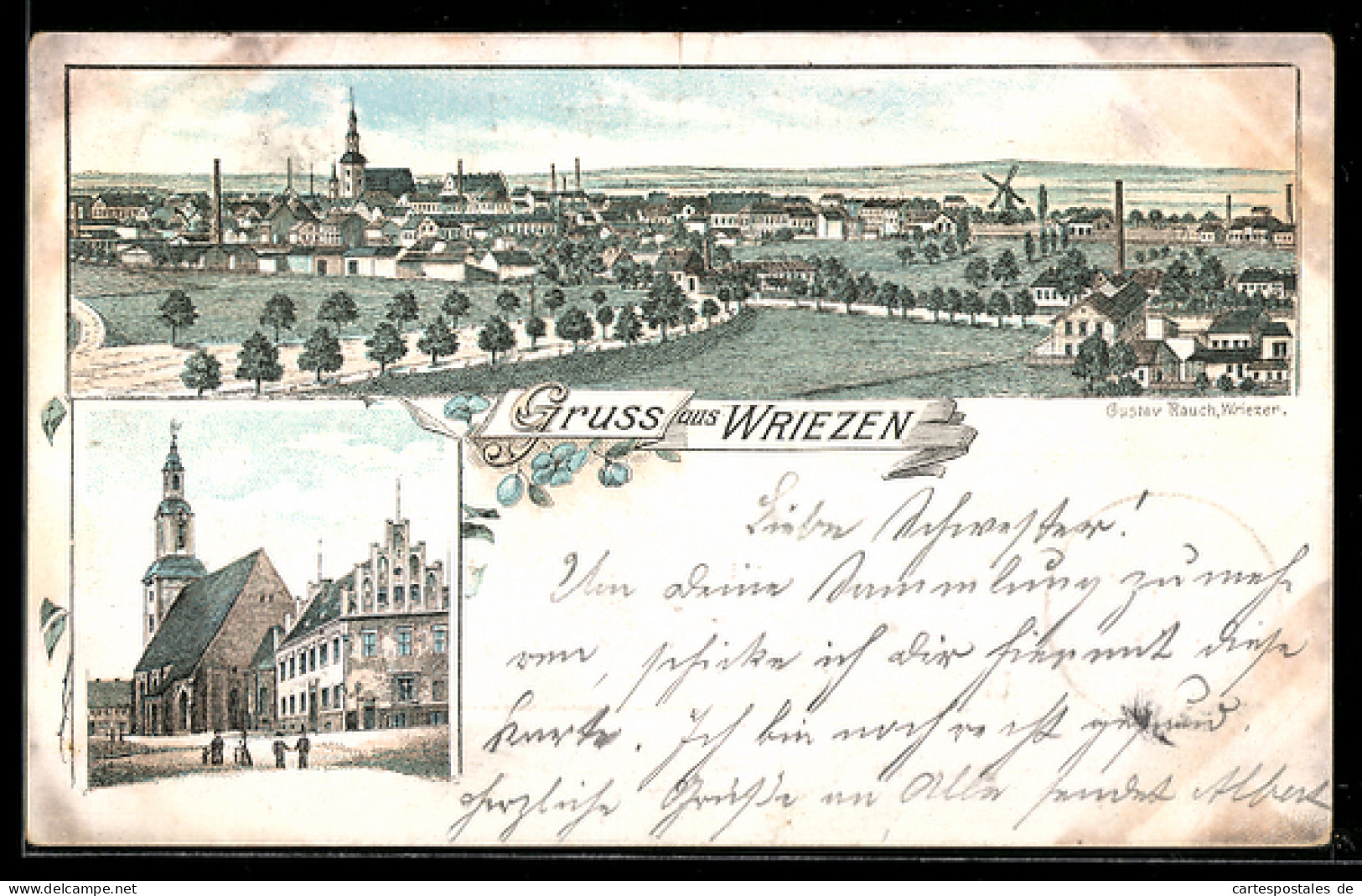 Lithographie Wriezen, Ortsansicht von oben, Strassenpartie, Windmühle