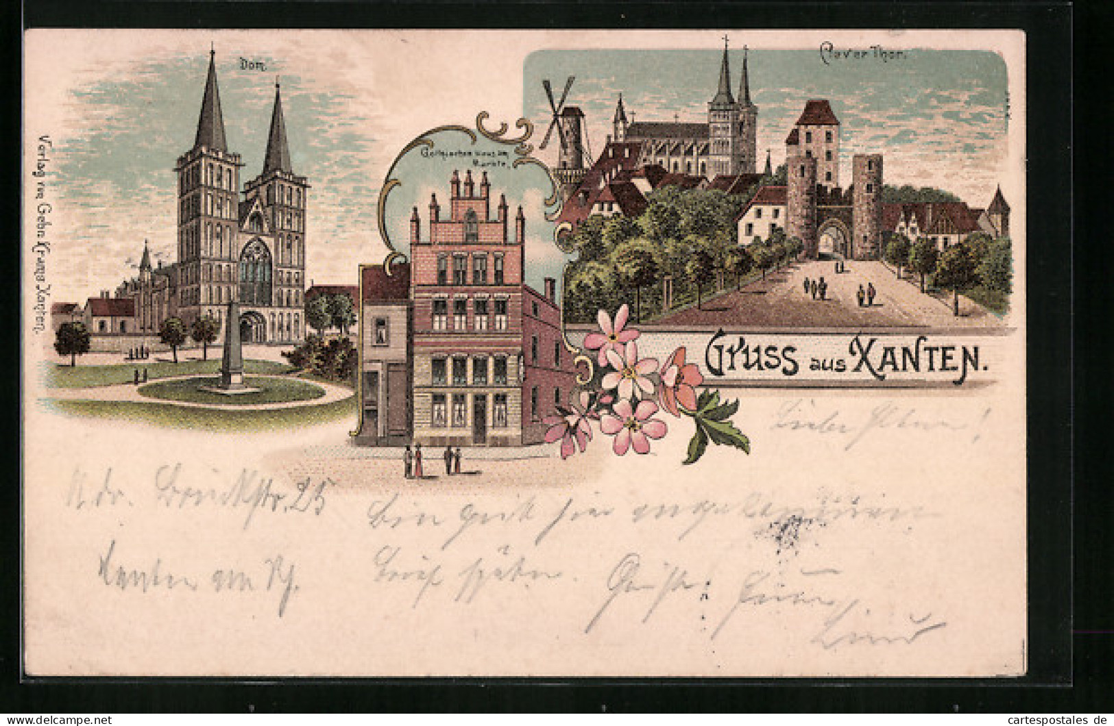 Lithographie Xanten, Gothisches Haus am Markte, Klever Tor, Dom