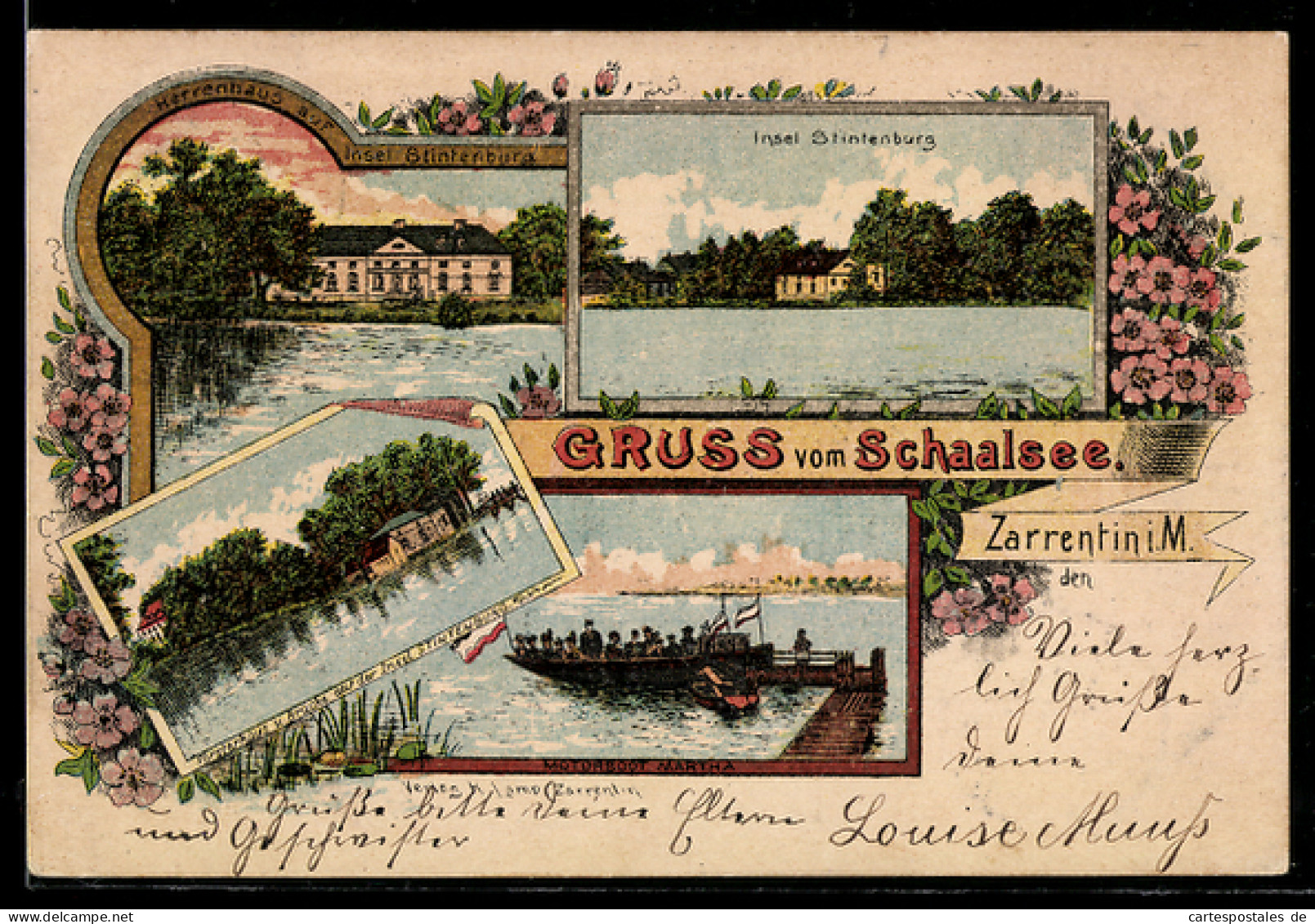 Lithographie Zarrentin i. M., Insel Stintenburg im Schaalsee, Motorboot Martha, Herrenhaus