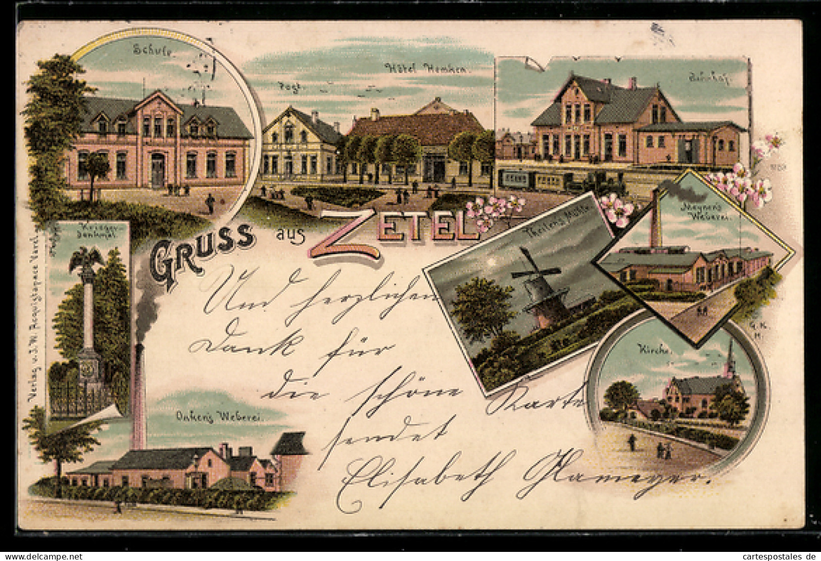 Lithographie Zetel, Hotel Hemken, Bahnhof, Meynen`s Weberei, Onken`s Weberei