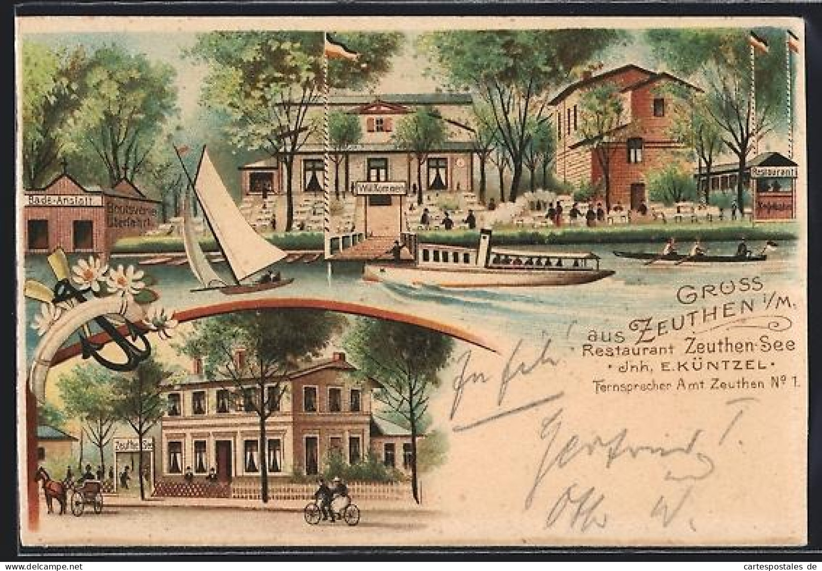 Lithographie Zeuthen i. M., Restaurant Zeuthen-See von E. Küntzel