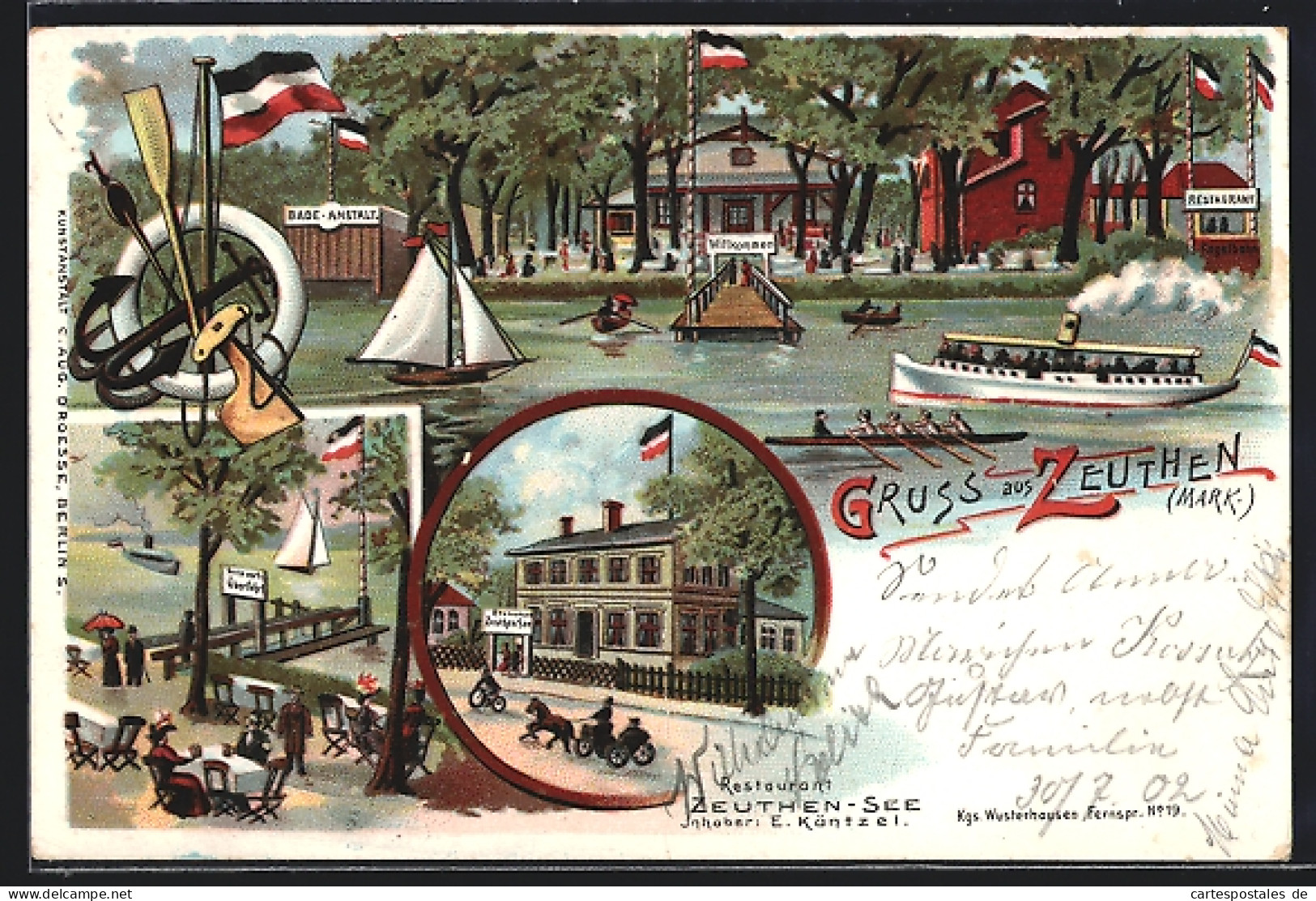 Lithographie Zeuthen /Mark, Restaurant Zeuthen-See - Strassenansicht und Gartenansicht mit Badeanstalt, Dampfer-Anleger