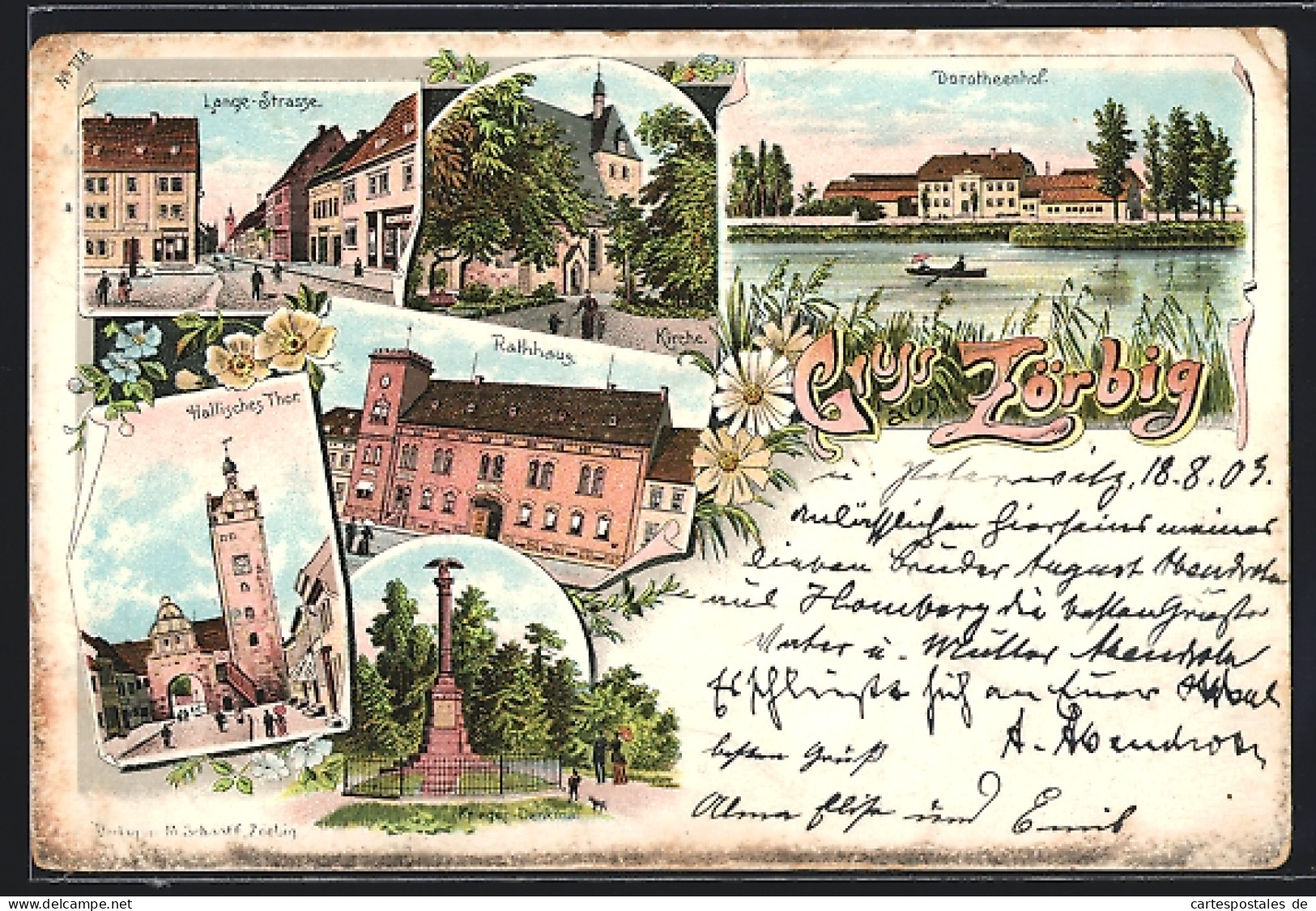 Lithographie Zörbig, Lange Strasse, Dorotheenhof, Hallisches Thor und Rathaus mit Kriegerdenkmal