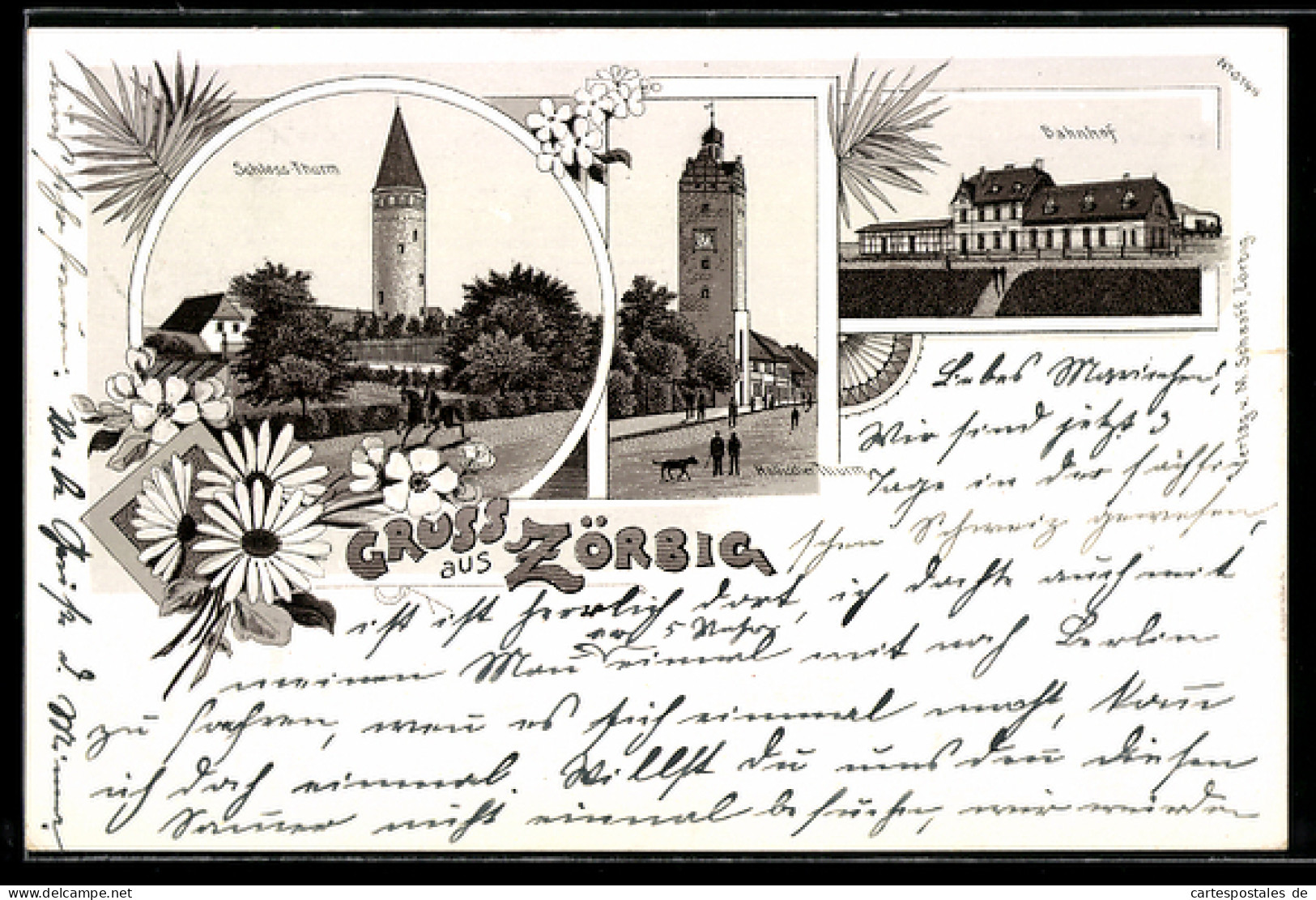 Lithographie Zörbig, Schloss-Turm, Hallischer-Turm, Bahnhof