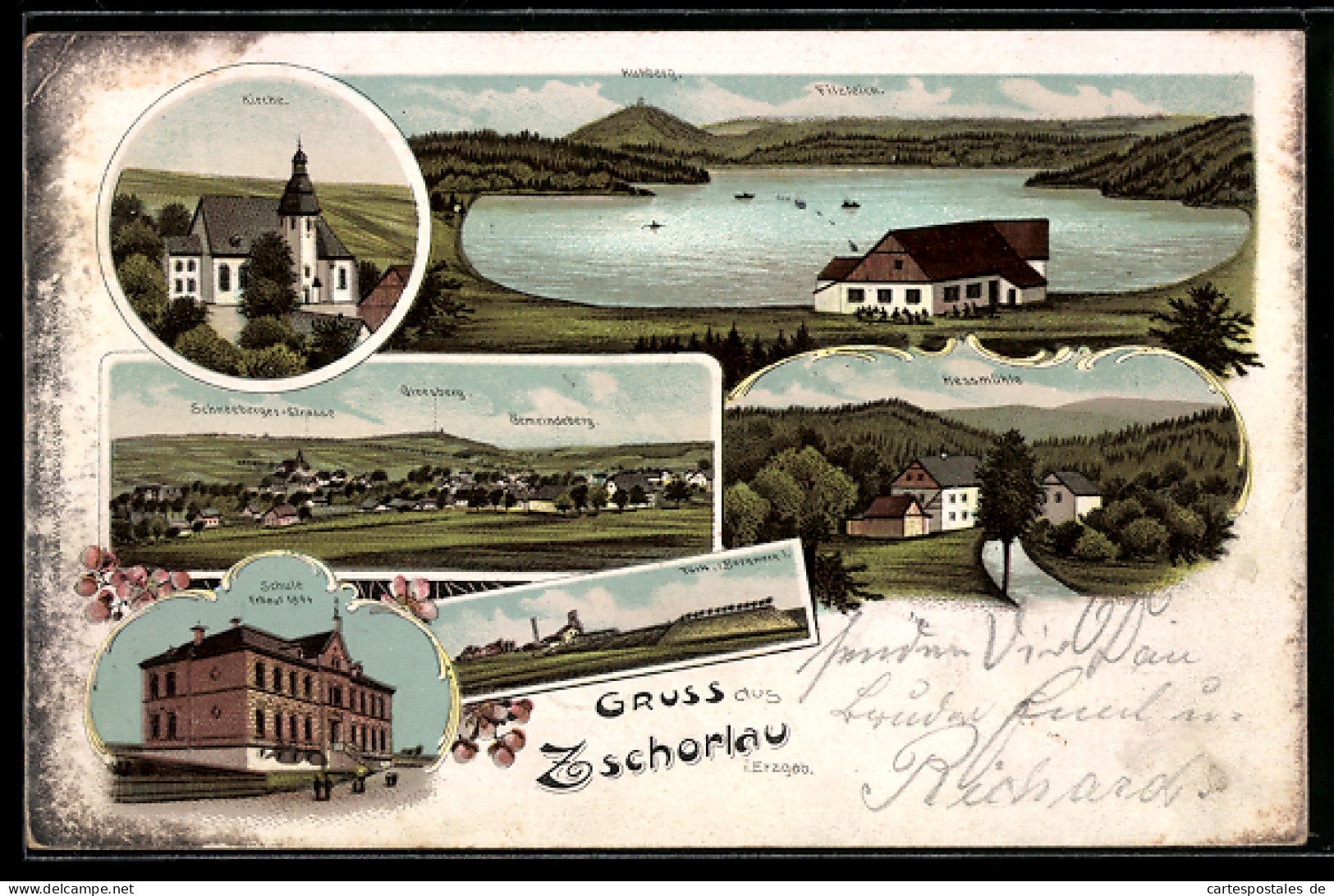 Lithographie Zschorlau /Erzgeb., Kirche, Schule, Hessmühle