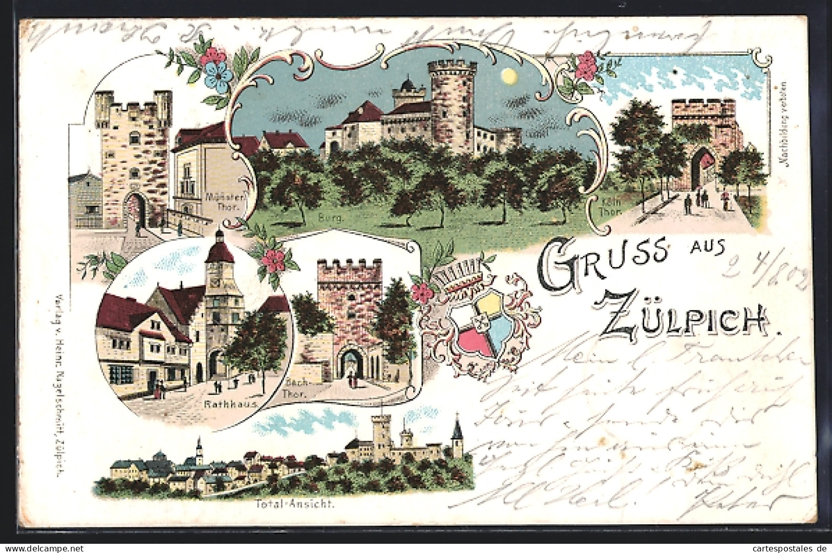 Lithographie Zülpich, Münster-Thor, Burg, Köln-Thor