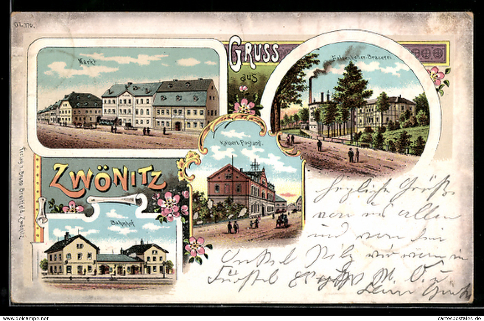 Lithographie Zwönitz, Kaiserliches Postamt, Bahnhof und Felsenkeller-Brauerei