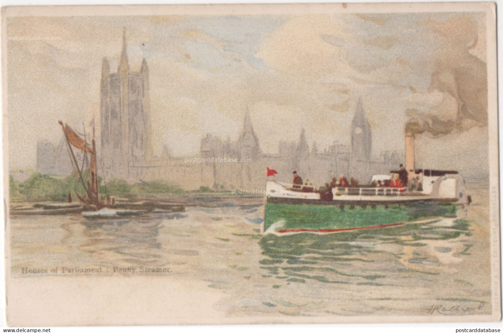 London - Houses of Parliament - Penny Steamer - & illustration, boat