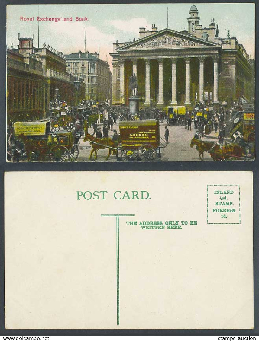 London Old Postcard Royal Exchange, Bank of England Horse Carts District Railway