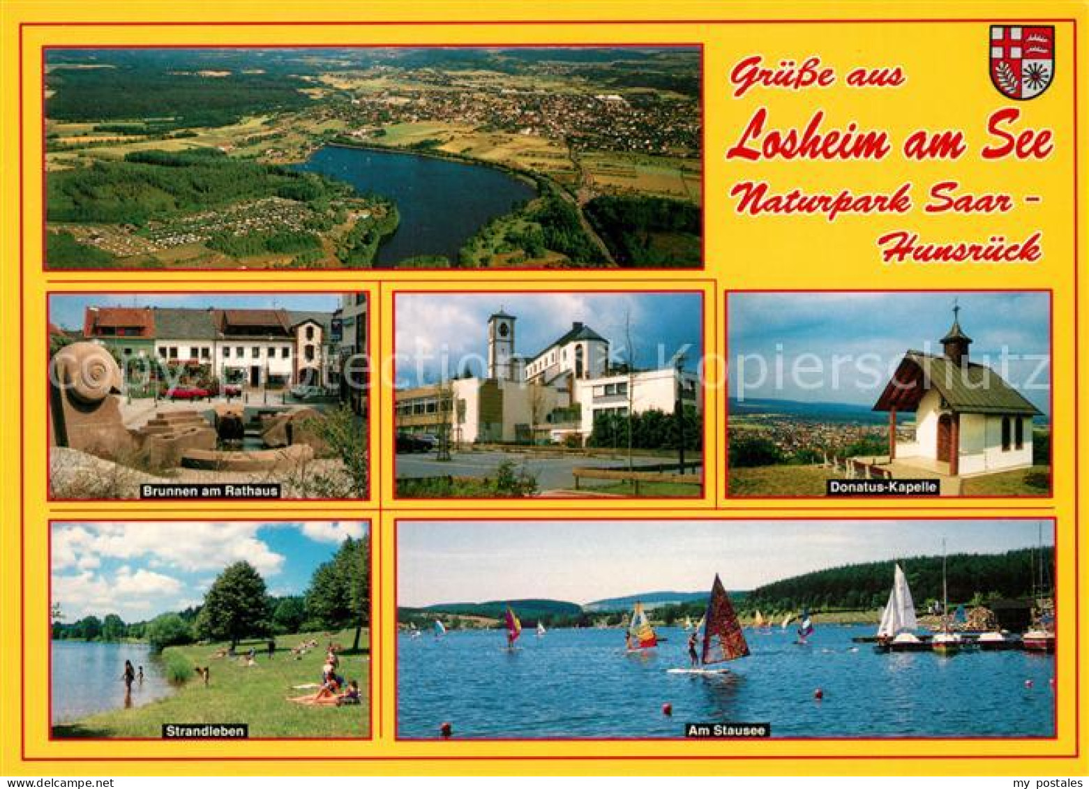 Losheim See Naturpark Saar Hunsrueck Fliegeraufnahme Brunnen Rathaus Strandleben