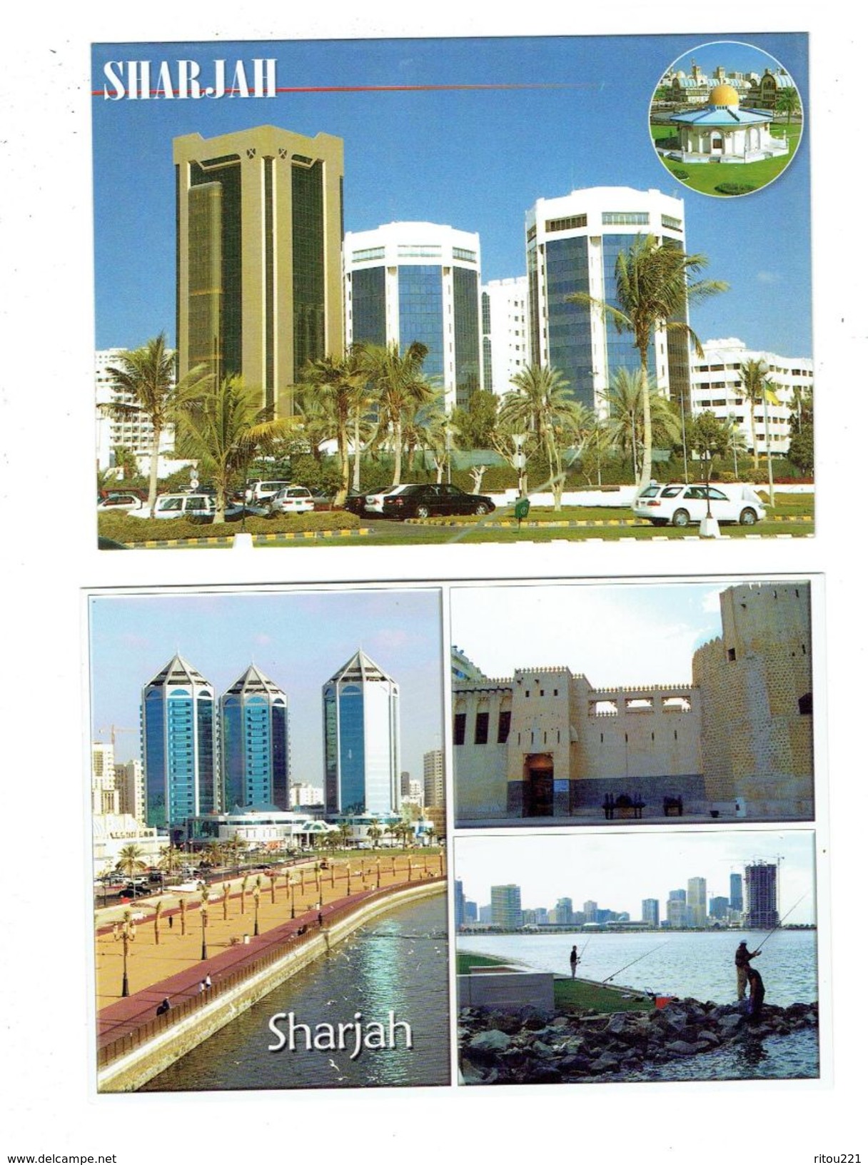 lot 2 cpm - United Arab Emirates - SHARJAH - N°152- 254 - multivues - voitures pêcheur